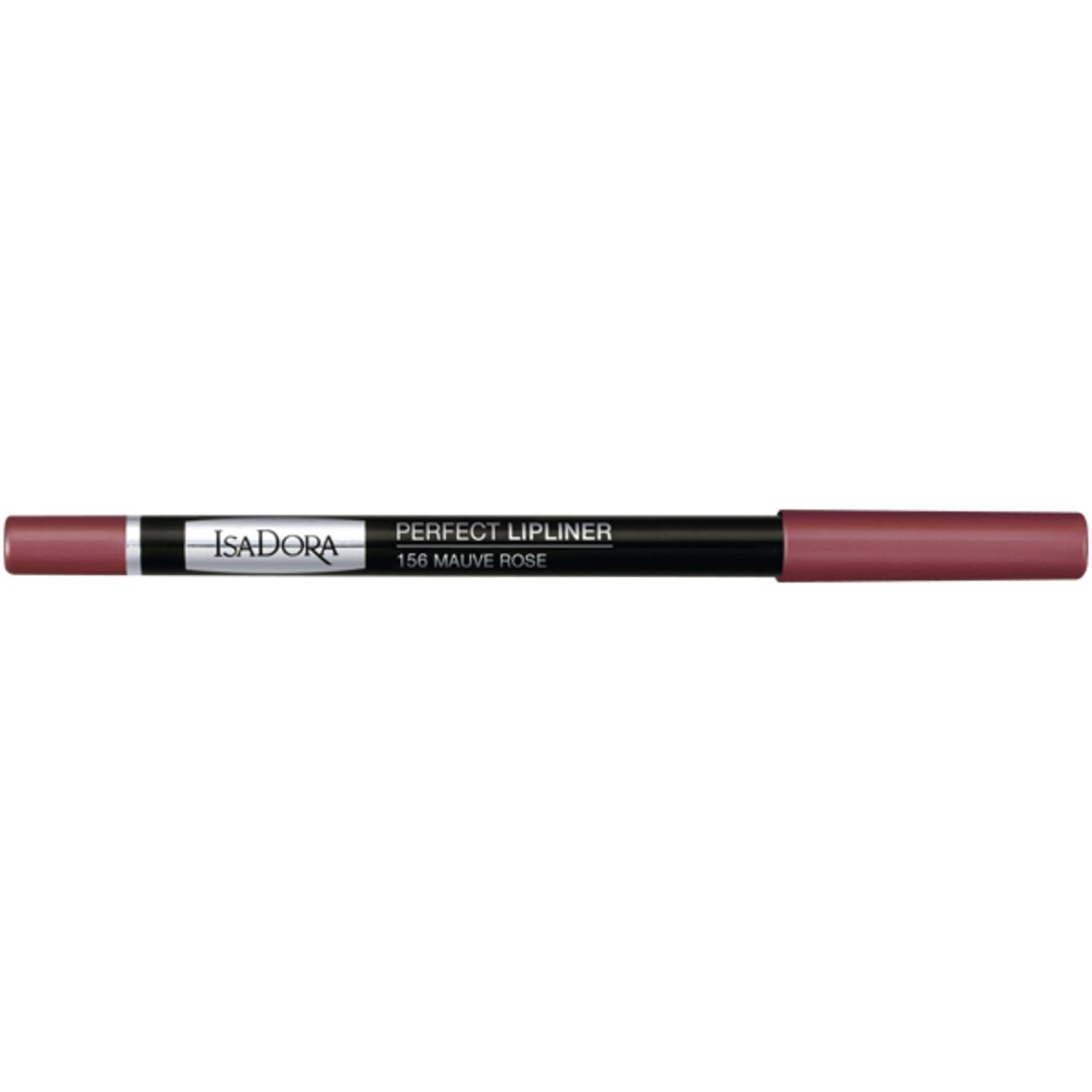 IsaDora Perfect Lipliner, Farbe Mauve Rose. Schwarzer Stift mit silberner Schrift. Produkt horizontal.