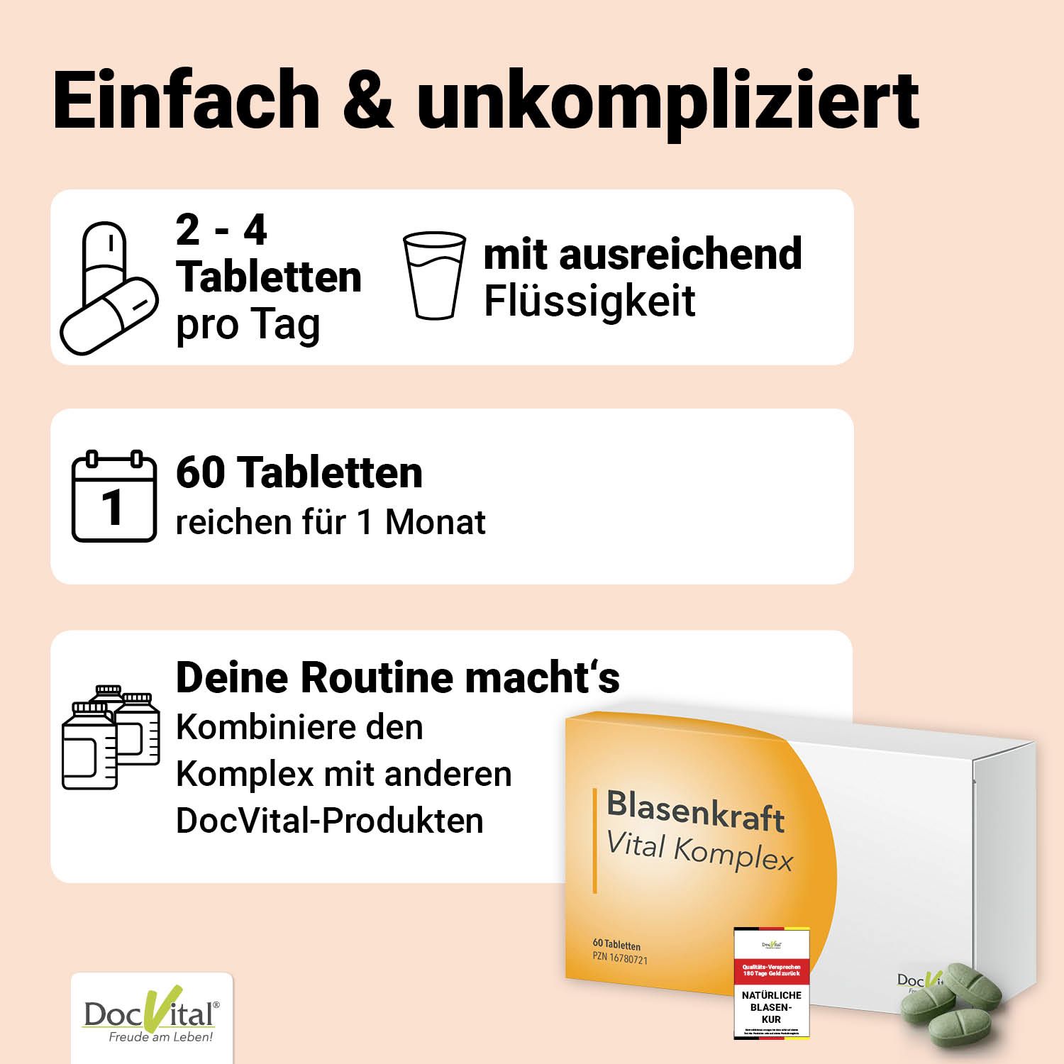 Grafik: 2-4 Tabletten pro Tag, mit Flüssigkeit. 60 Tabletten für 1 Monat. Kombiniere mit anderen DocVital-Produkten. Produktverpackung.