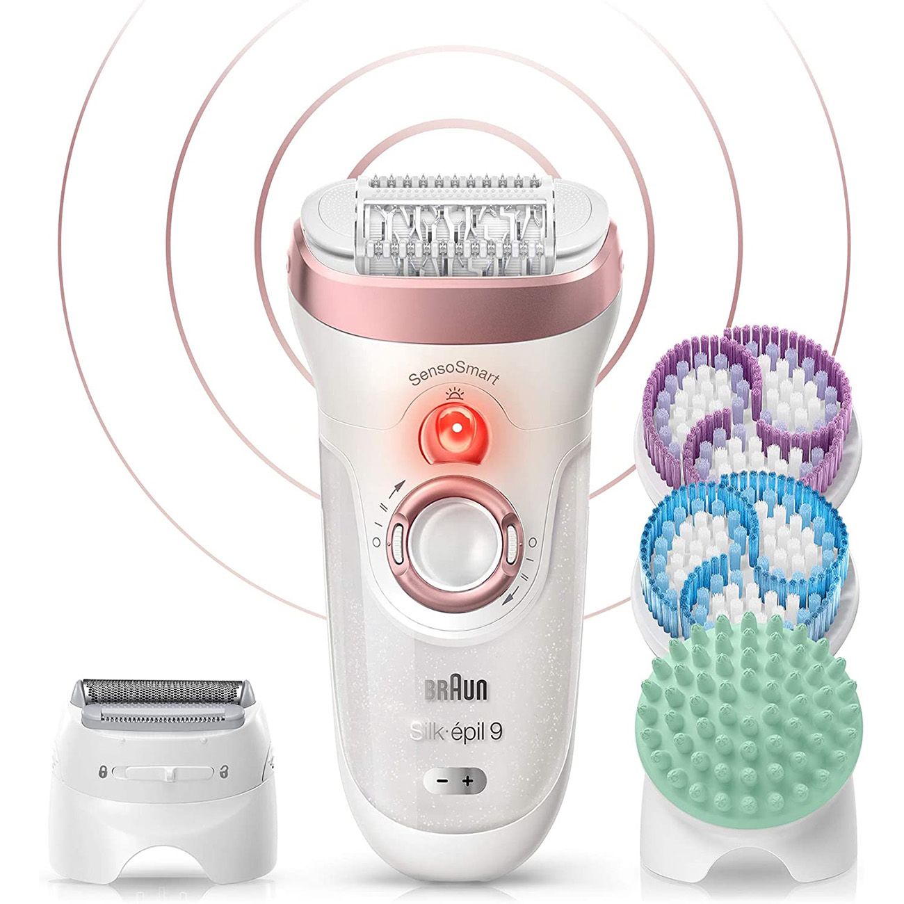 Epilierer mit Zubehör: Rasieraufsatz, Massagepads. Rosa Akzente. "SensoSmart" und "Silk-épil 9" Beschriftung.