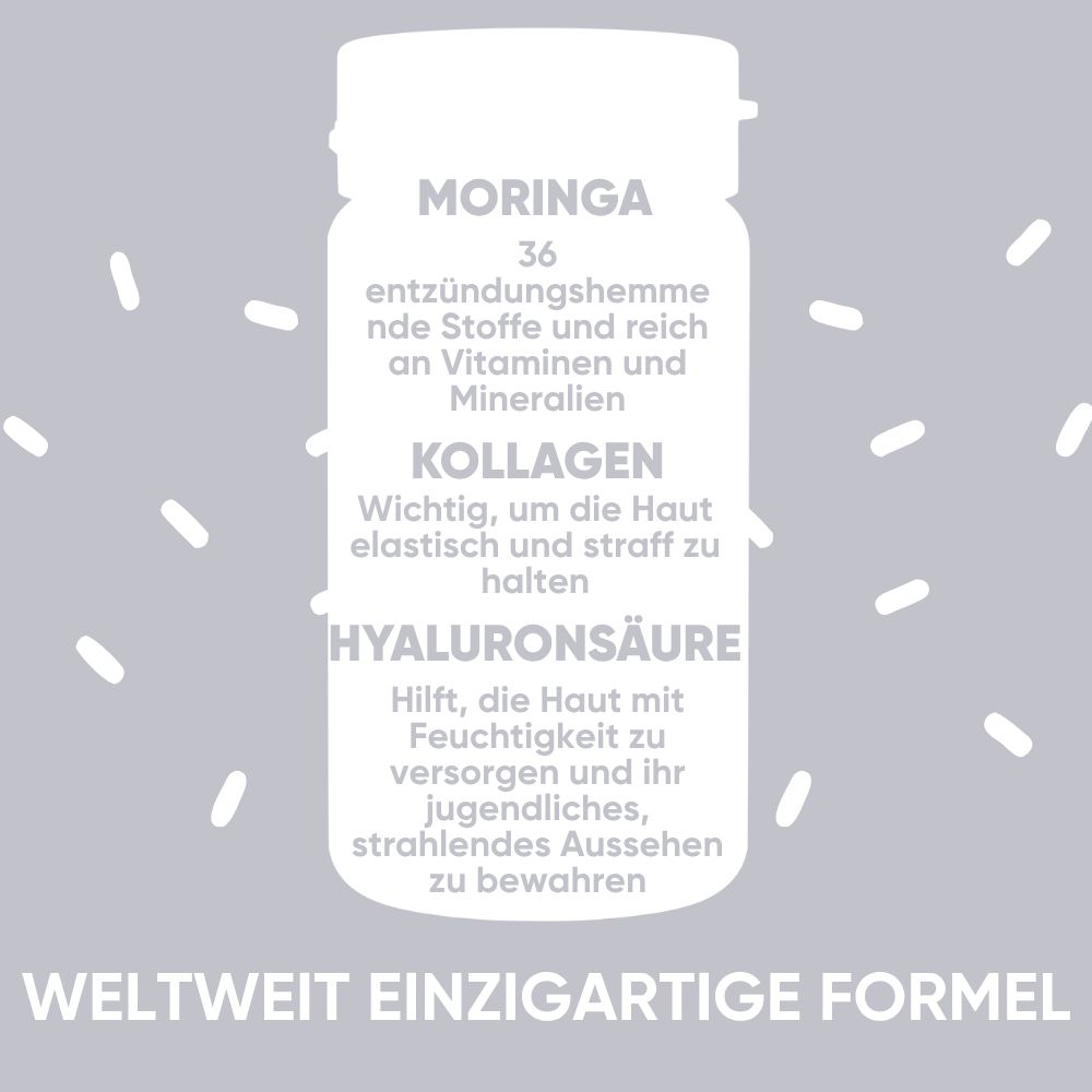 Flasche RedMoringa Kollagen Hyaluron mit Kapseln. Text: Einzigartige Formel, maritimes Kollagen, Hyaluronsäure.