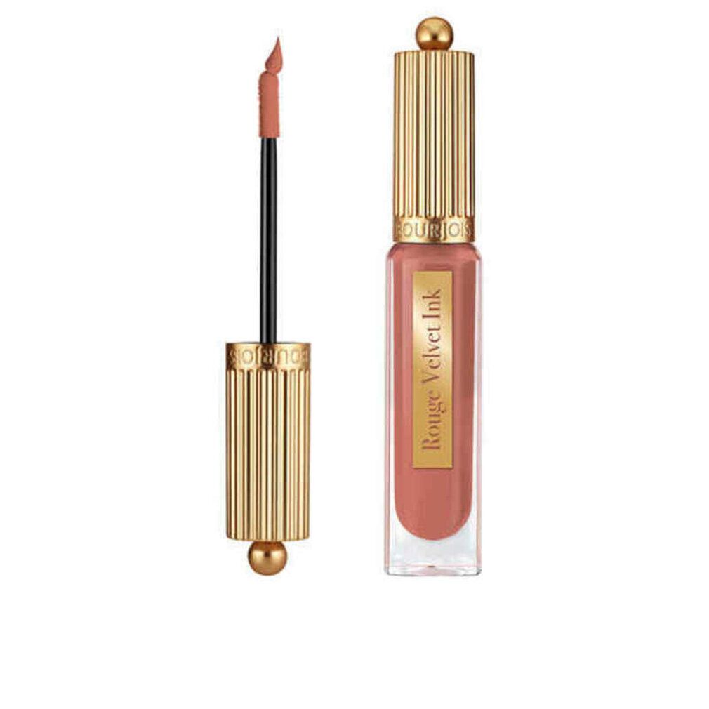 Lippenstift mit goldfarbener Kappe und Applikator. Produktname: Rouge Velvet Ink. Farbe: Beige.