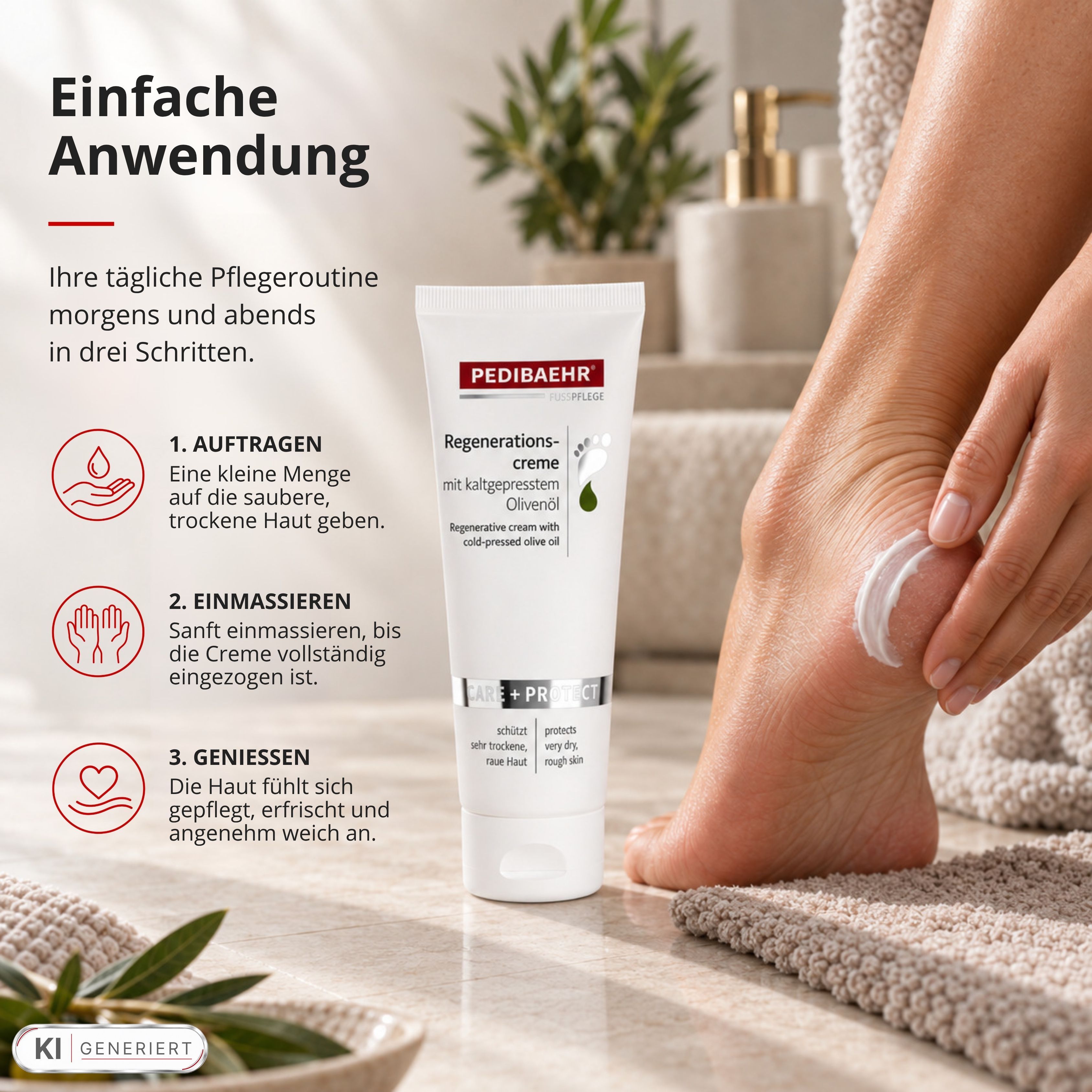 Anwendung der Pedibaehr Regenerationscreme: Auftragen, Einmassieren, Geniessen.