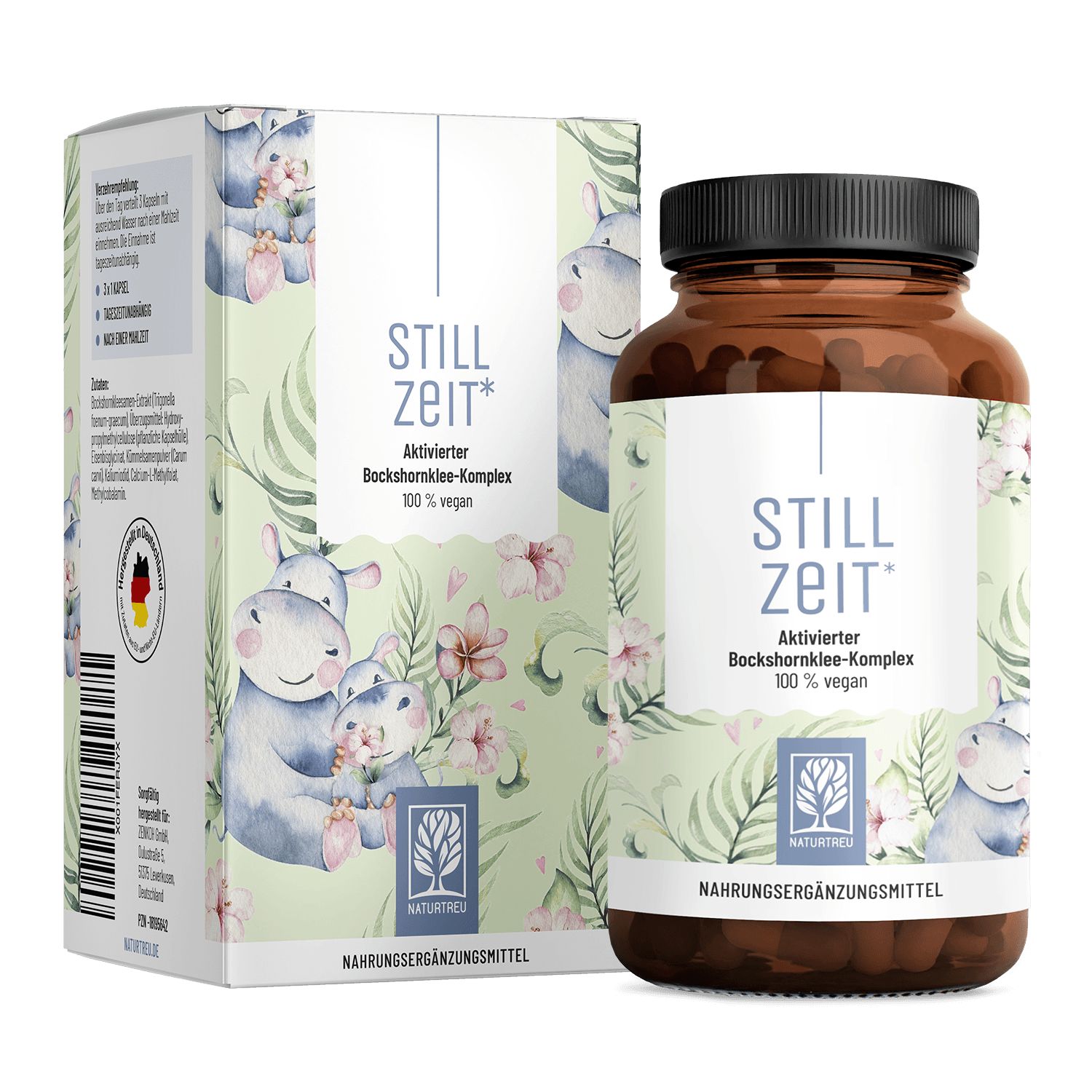 Braune Glasflasche und Karton mit Produktaufdruck. Aufschrift: STILL ZEIT, Aktivierter Bockshornklee-Komplex, 100% vegan. Logo NATURTREU®.