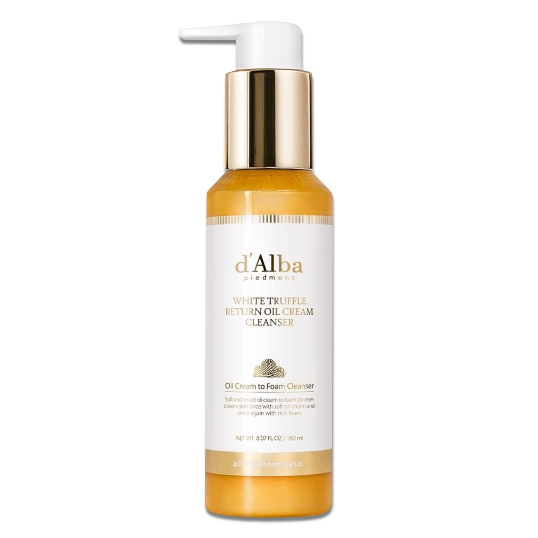 d'Alba White Trüffle Return Oil Cream Cleanser. Flasche mit Spender, Produktname und Text. 150 ml.