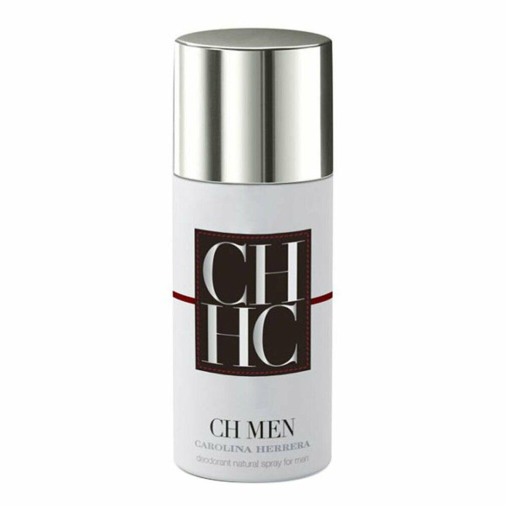 Deodorant-Spray. Weißer Behälter mit silbernem Deckel. Schwarzes Logo CH HC. Roter Streifen. Schriftzug CH MEN und CAROLINA HERRERA.