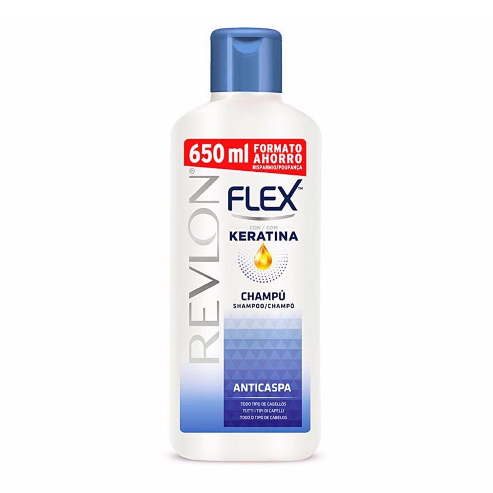 Weißes Shampoo mit blauem Deckel. Aufschrift: Revlon Flex Keratina Champú Anticaspa. 650 ml.