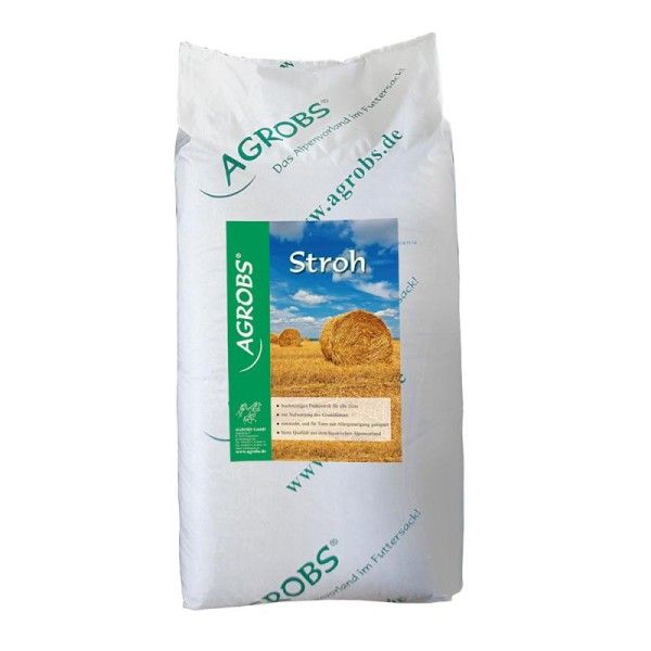 Weißer Sack mit grünem Etikett. Aufschrift "AGROBS Stroh". Abbildung von Heuballen auf Feld. Text in deutscher Sprache.