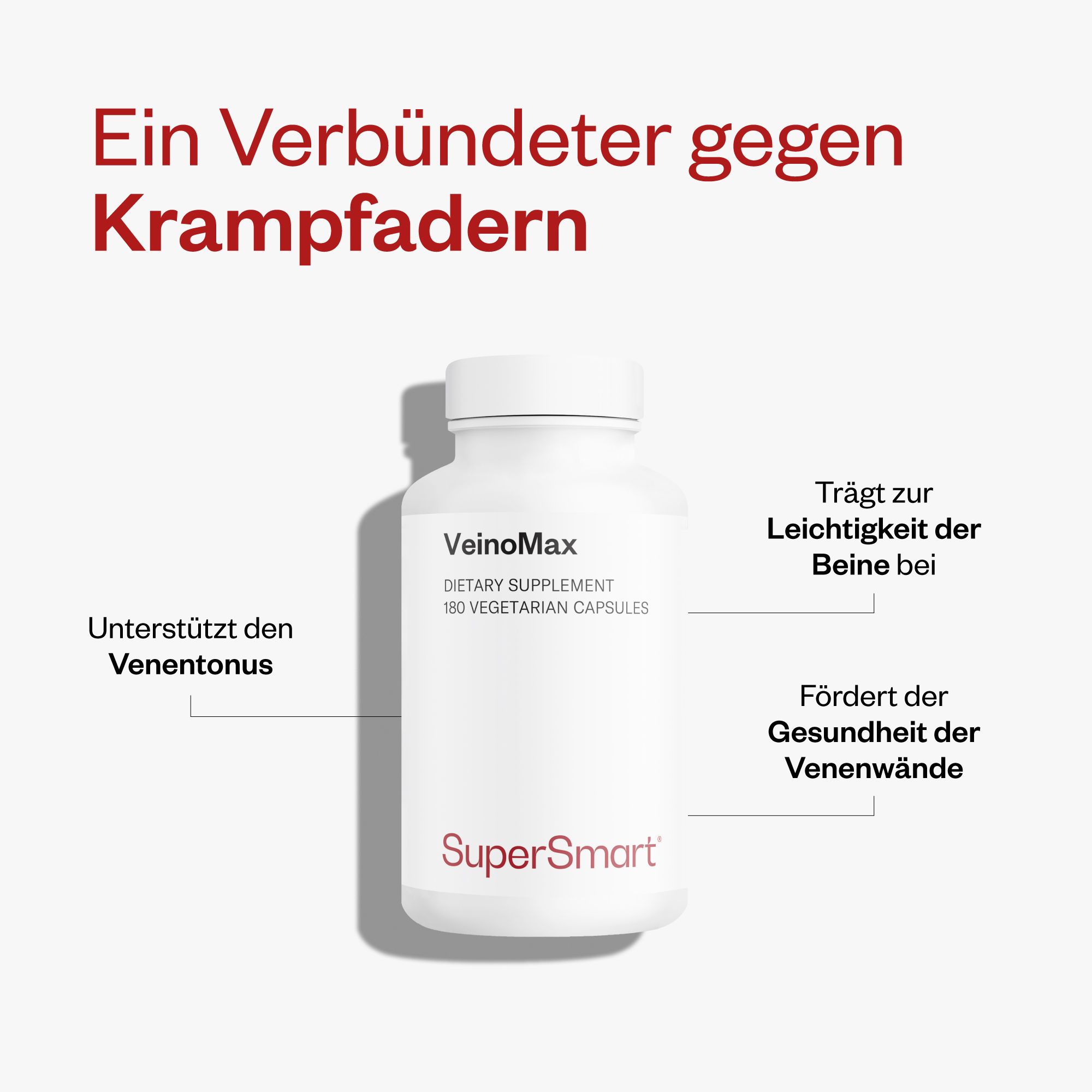 Weiße Flasche VeinoMax mit 180 vegetarischen Kapseln. Unterstützt Venentonus, fördert gesunde Venenwände und Beine. SuperSmart Logo.