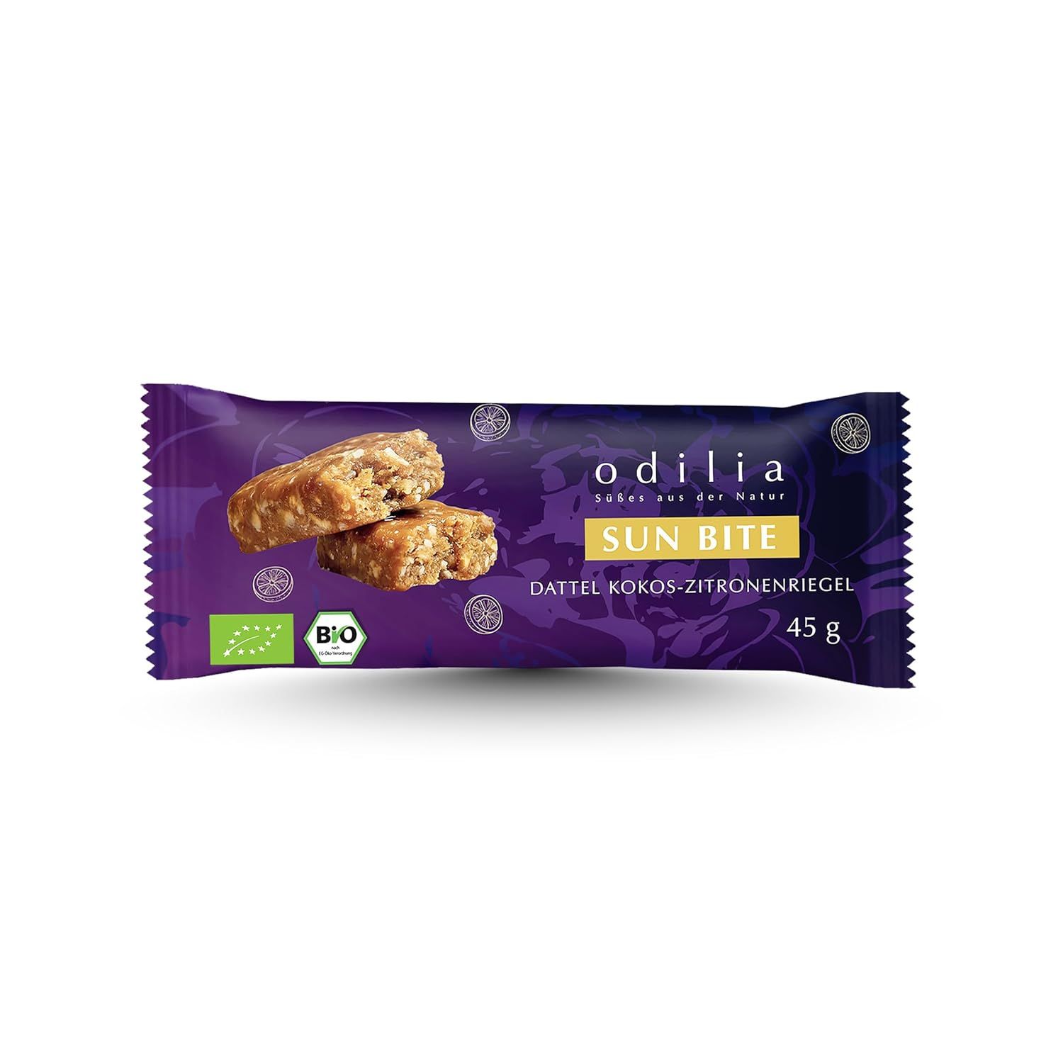 Odilia Sun Bite Riegel: Dattel Kokos-Zitronenriegel, 45g. Bio-Siegel sichtbar.
