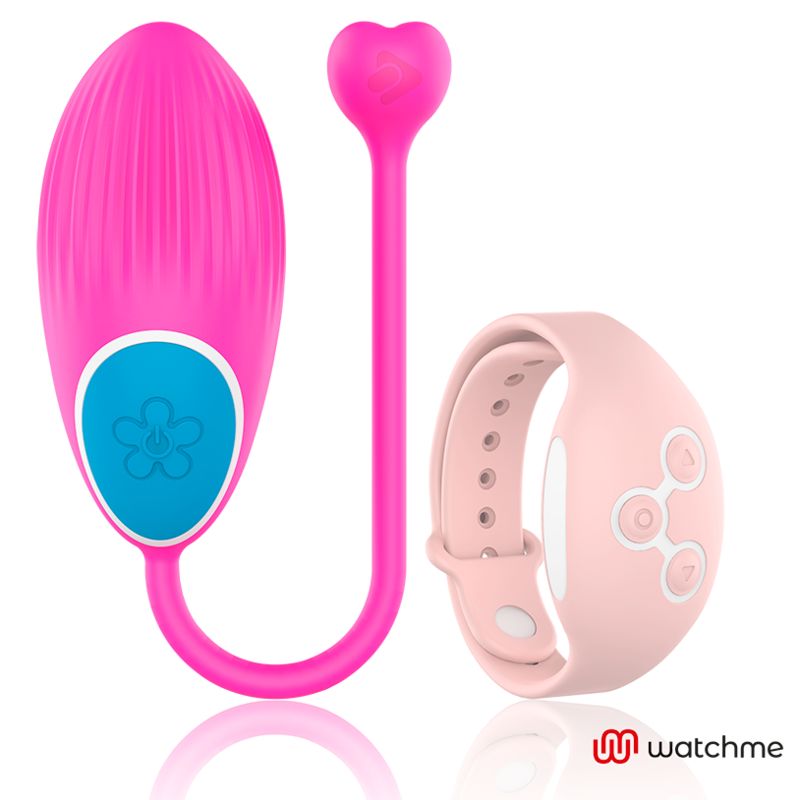 Rosa Ei-förmiges Produkt mit Herz-Griff und Armband. Blaues Bedienfeld mit Blume. Armband mit Knöpfen. Logo: watchme.