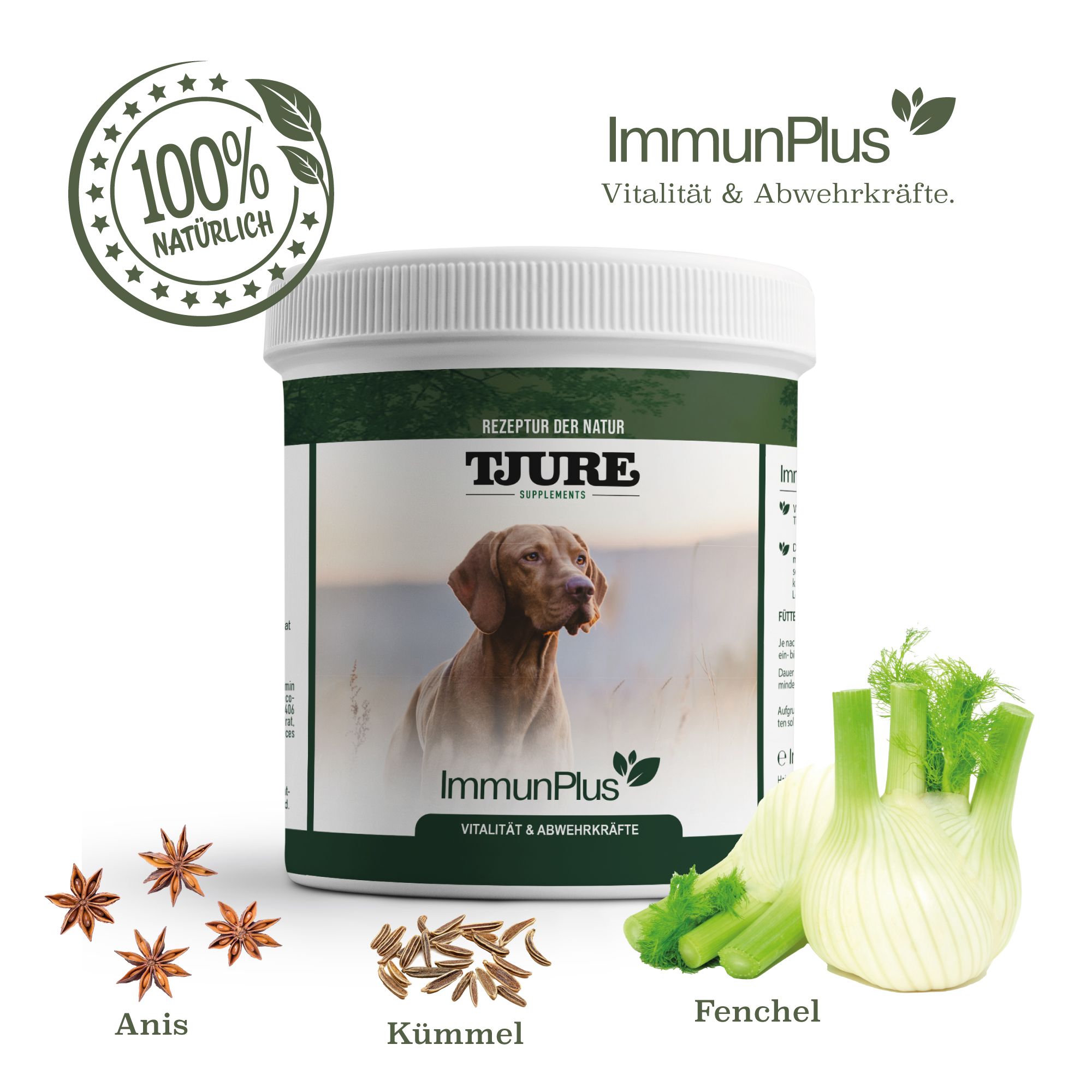 Weißes Produktglas mit Aufschrift TJURE. 100% natürlich. Anis, Kümmel und Fenchel neben dem Produkt.