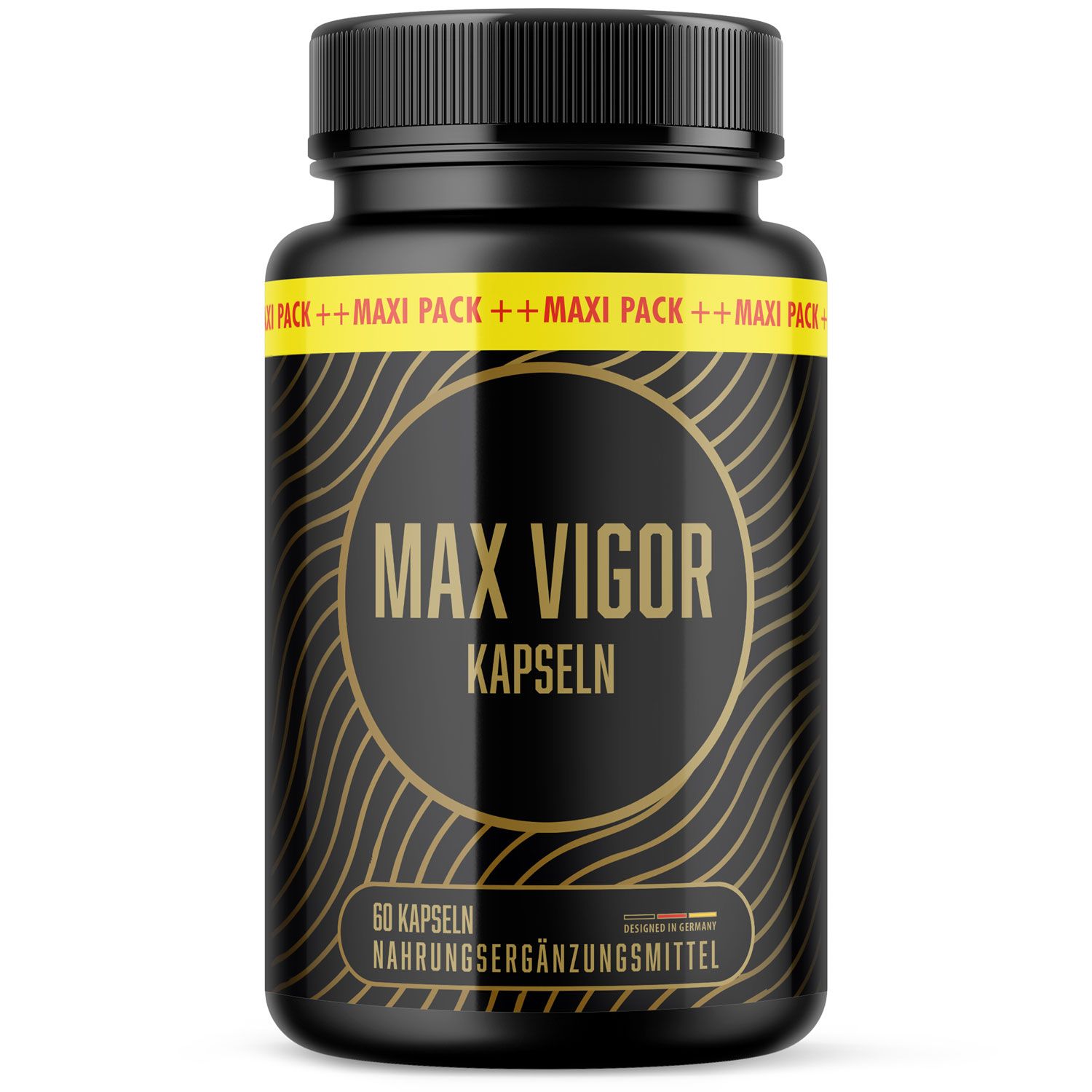 Schwarze Flasche mit gelbem Etikett. Aufschrift: MAX VIGOR KAPSELN. Enthält 60 Kapseln. Nahrungsergänzungsmittel.