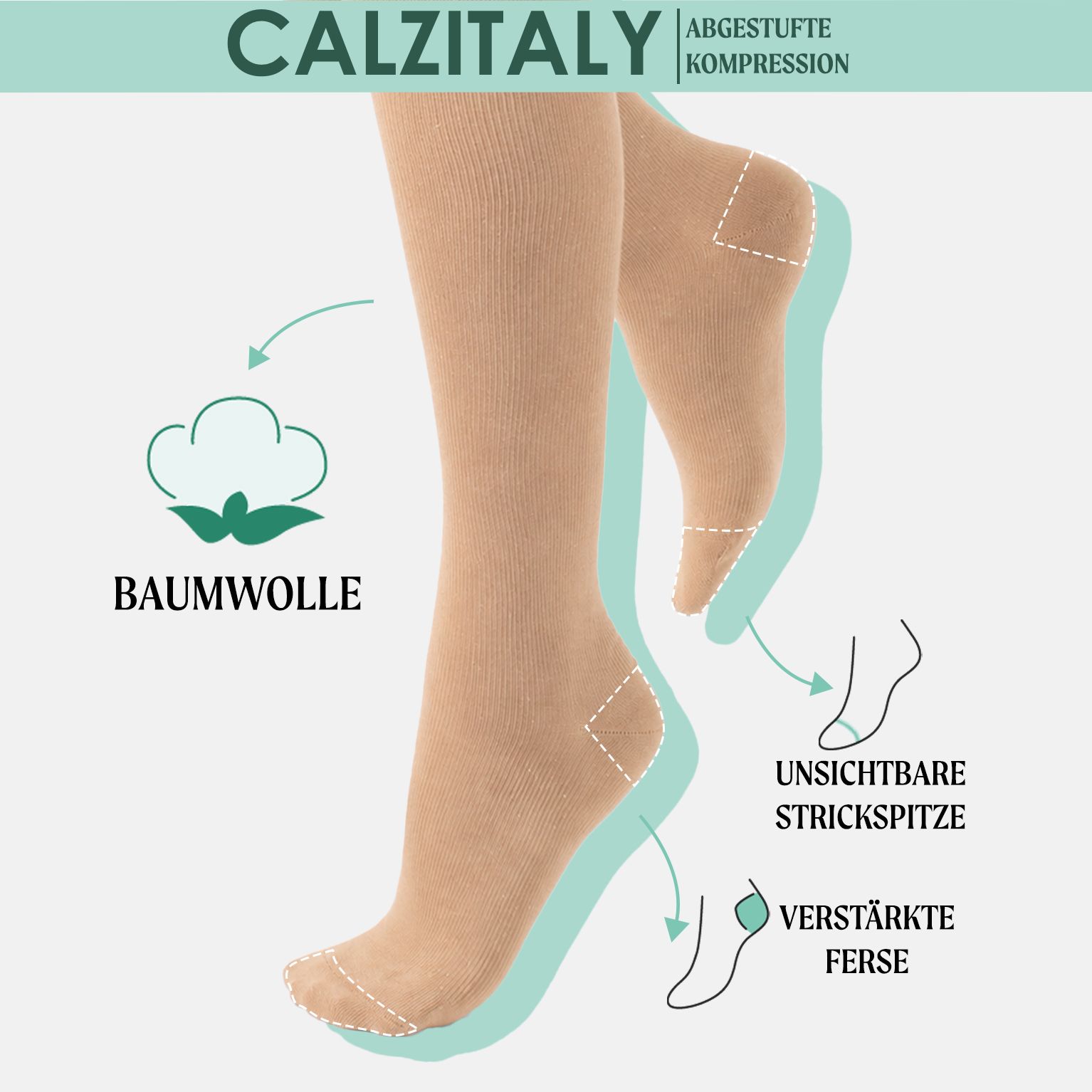 CALZITALY Unisex Kniestrümpfe aus Baumwolle Abgestufter Kompression 14-16 mm/Hg Made in Italy