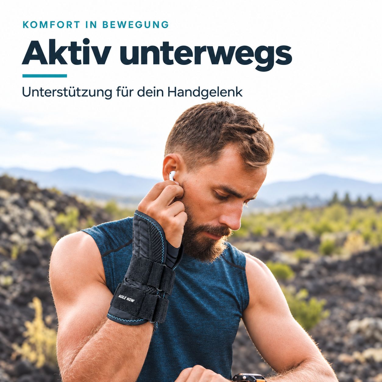 Mann trägt Handgelenkbandage beim Laufen in felsiger Landschaft. Aktiv unterwegs.