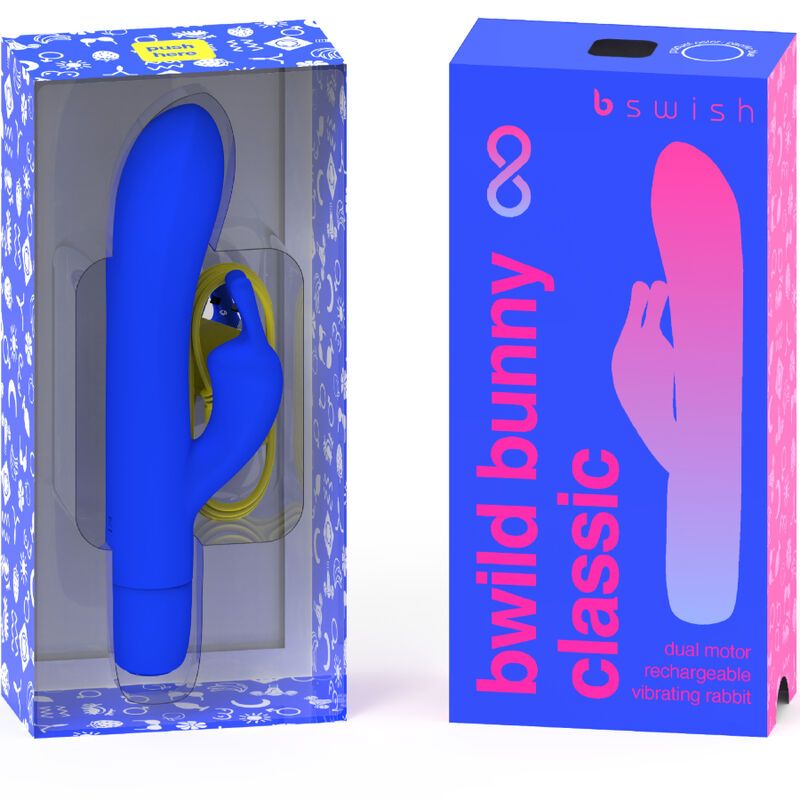 Blauer Vibrator mit G-Punkt- und Klitorisstimulation in Verpackung. Blaue Verpackung mit Produktname und Logo.