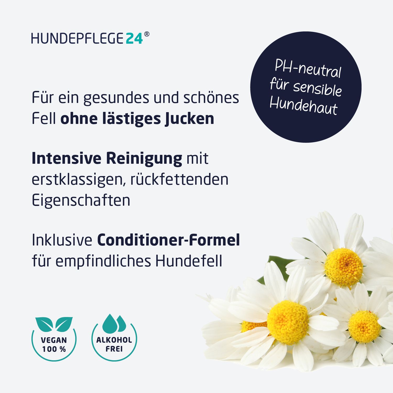 Produktinformationen mit Gänseblümchen. pH-neutral für sensible Hunde. Intensive Reinigung mit rückfettenden Eigenschaften. Vegan und alkoholfrei.