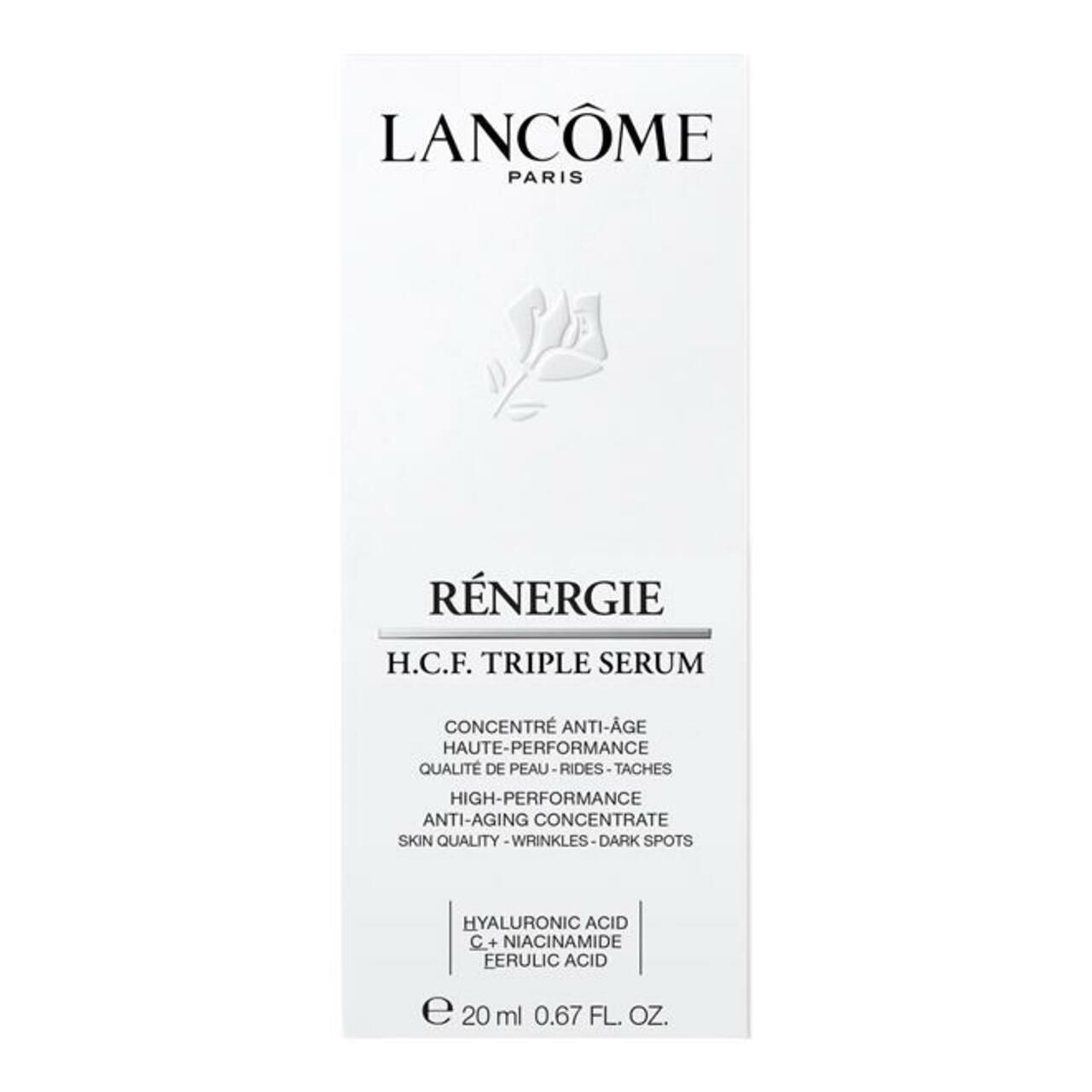 Weiße Verpackung mit Produktinformationen. Aufschrift: Lancôme, Rénergie H.C.F. Triple Serum. Text: Anti-Age, Wrinkles, Dark Spots.