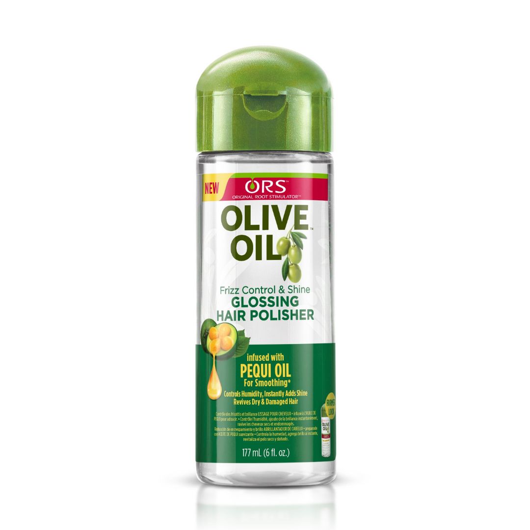 Haarpolitur-Flasche mit grünem Deckel. Aufschrift: ORS Olive Oil Glossing Hair Polisher. Enthält Pequi-Öl.
