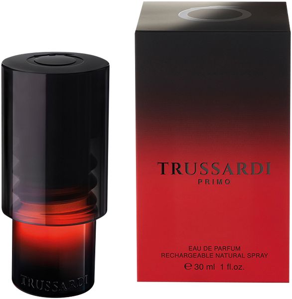 Schwarzer Flakon und rote Verpackung. Aufschrift: Trussardi Primo. Eau de Parfum, Natural Spray, 30 ml.
