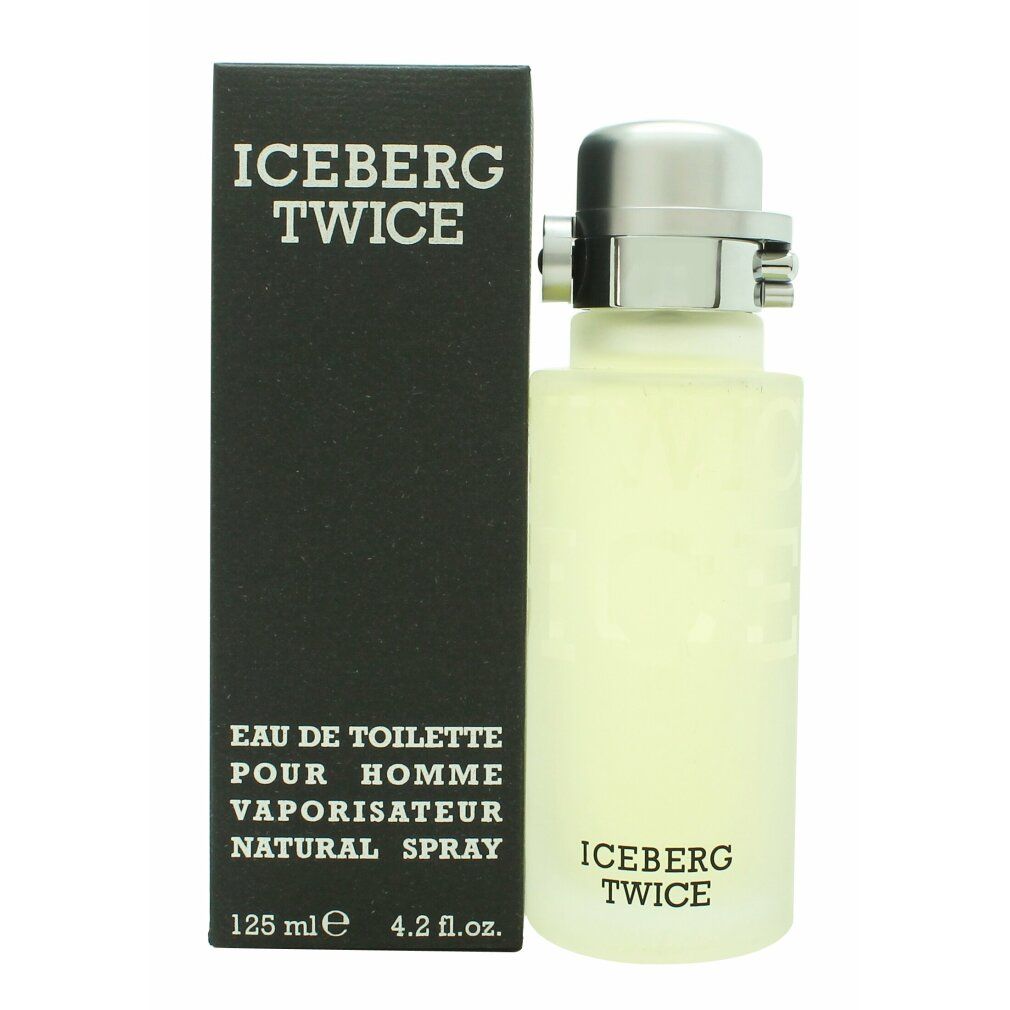 Flakon und Schachtel. Flakon mit silbernem Verschluss. Schwarze Schachtel mit weißem Schriftzug ICEBERG TWICE. Text: Eau de Toilette Pour Homme.