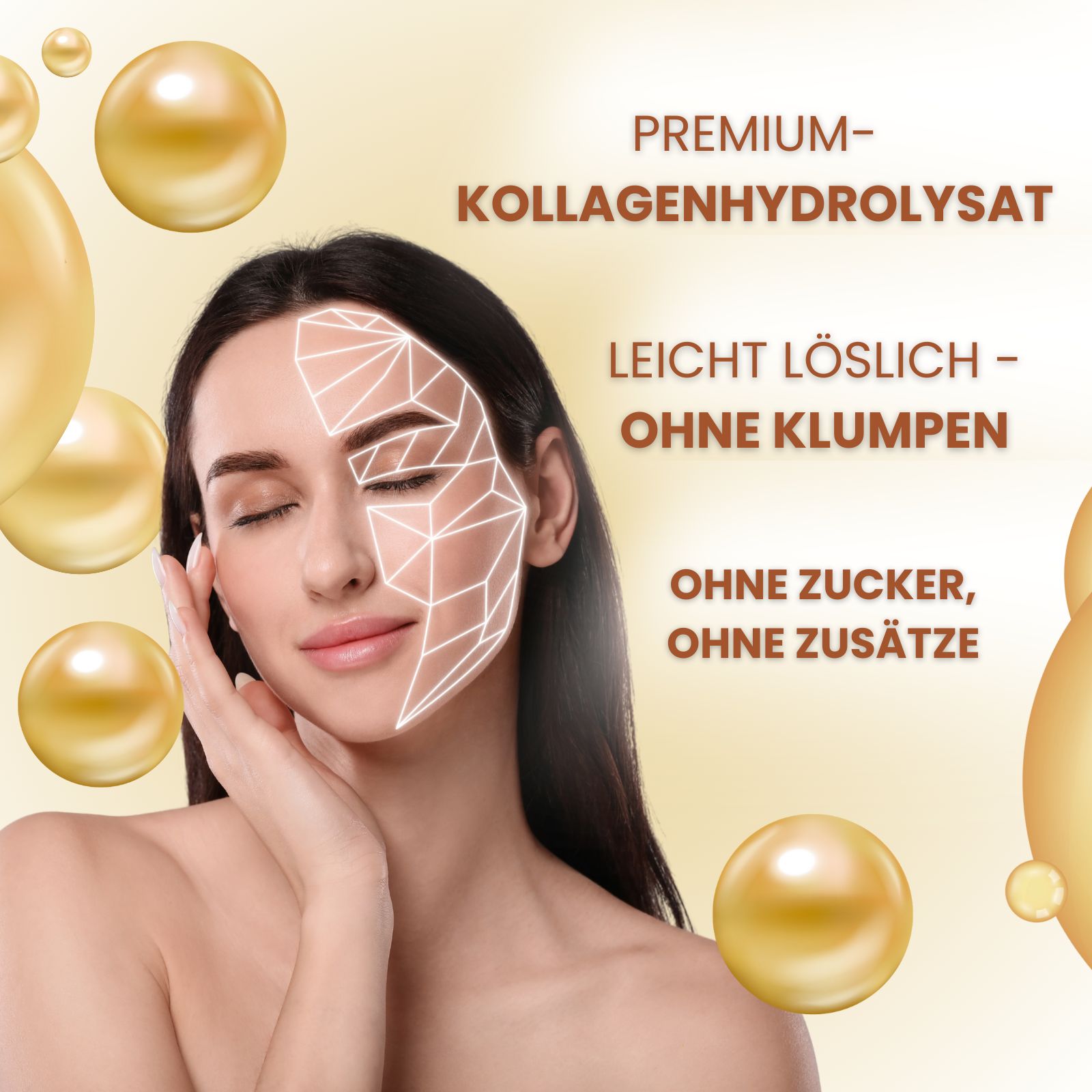 Frau mit Gesichtsanalyse-Grafik. Text: Premium-Kollagenhydrolysat, leicht löslich, ohne Klumpen, ohne Zucker, ohne Zusätze.