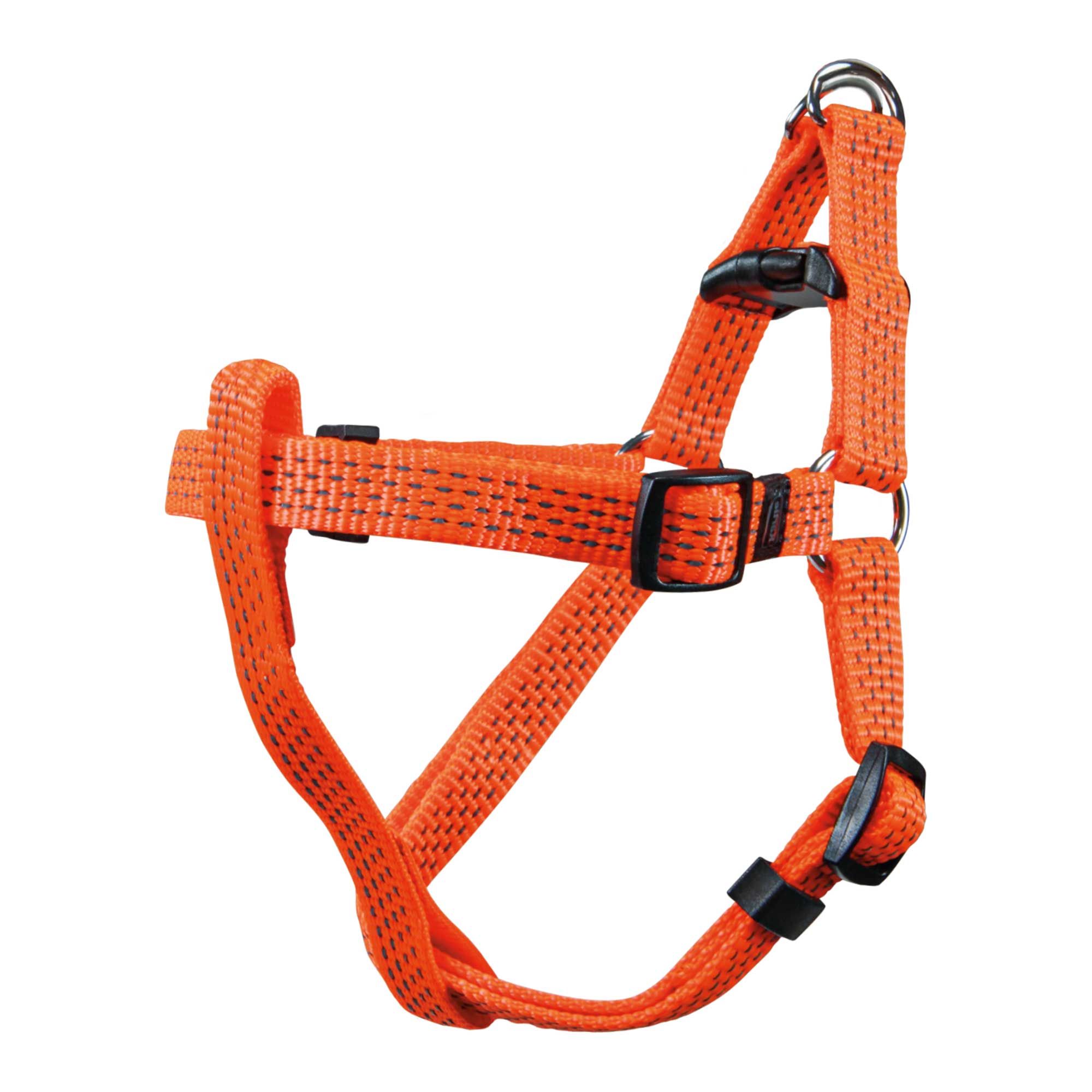 Orangefarbenes Hundegeschirr aus Nylon mit schwarzen Schnallen und Metallringen.