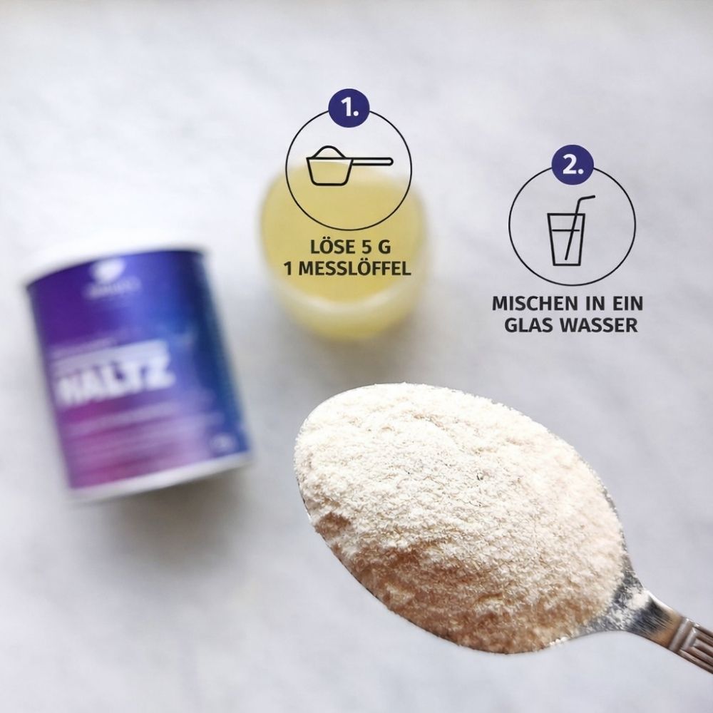 Löffel mit Pulver, daneben Dose "HALTZ" und gelbe Flüssigkeit. Anweisungen: 5g in 1 Messlöffel, mischen in Wasser.