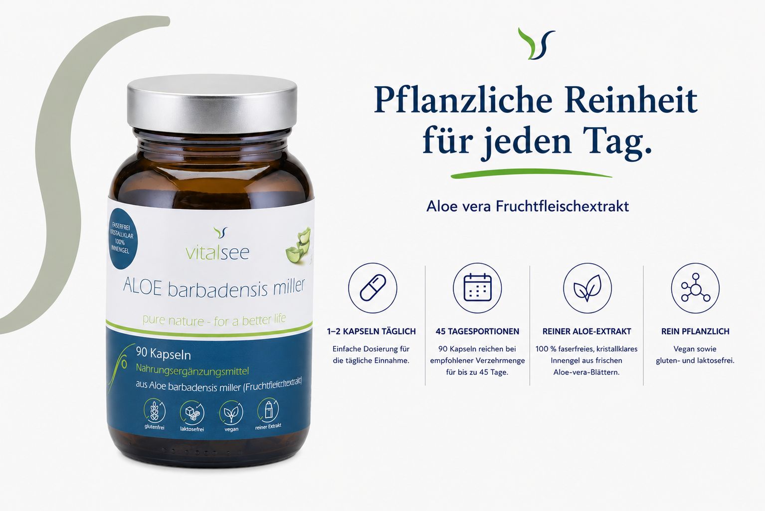 Braune Glasflasche mit 90 Kapseln, Marke Vitalsee, Aloe Vera Barbadensis Miller.