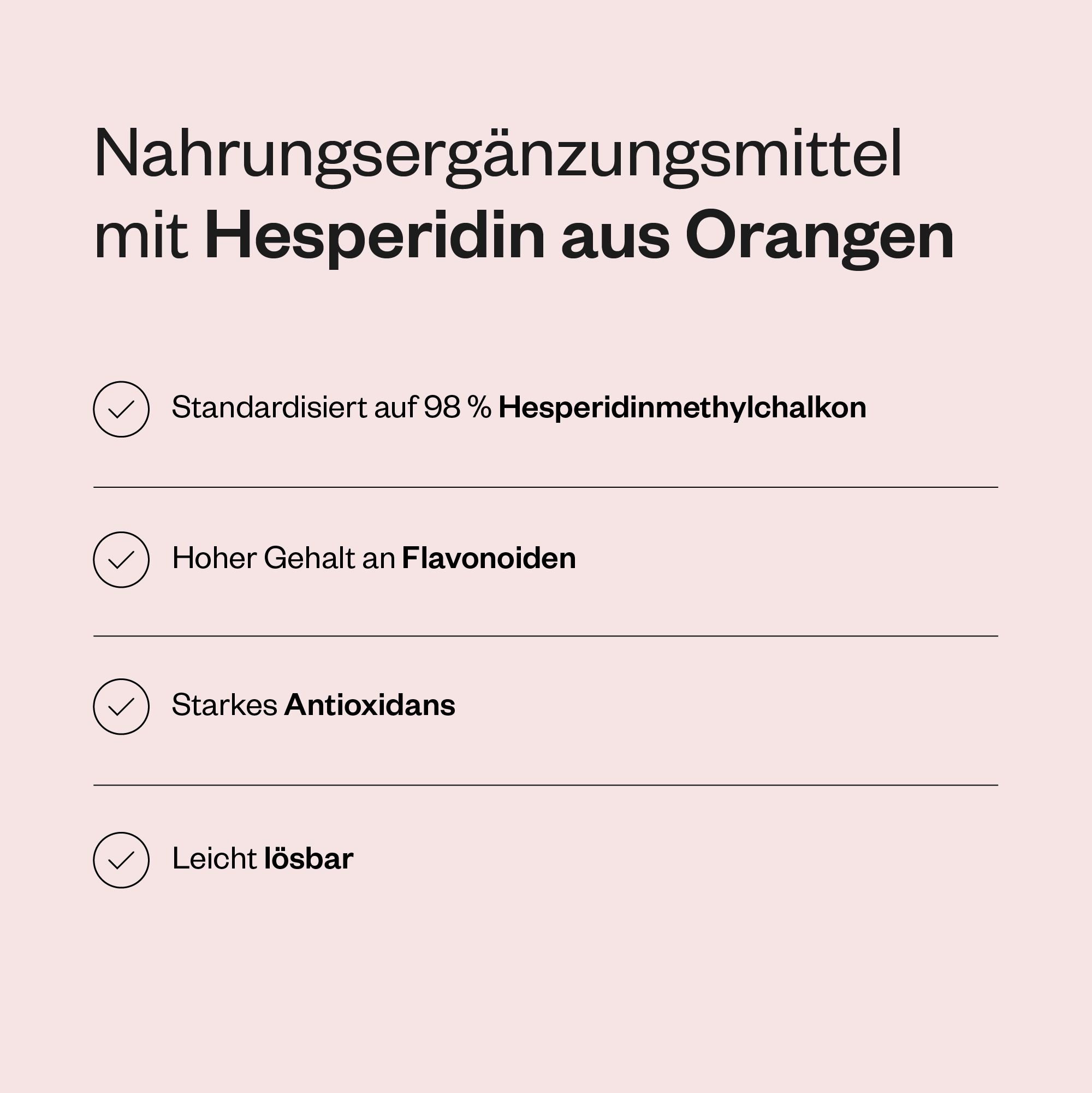 Text mit Informationen zu Hesperidin aus Orangen. Enthält Informationen zu Flavonoiden und Antioxidantien. Hintergrund: rosa.
