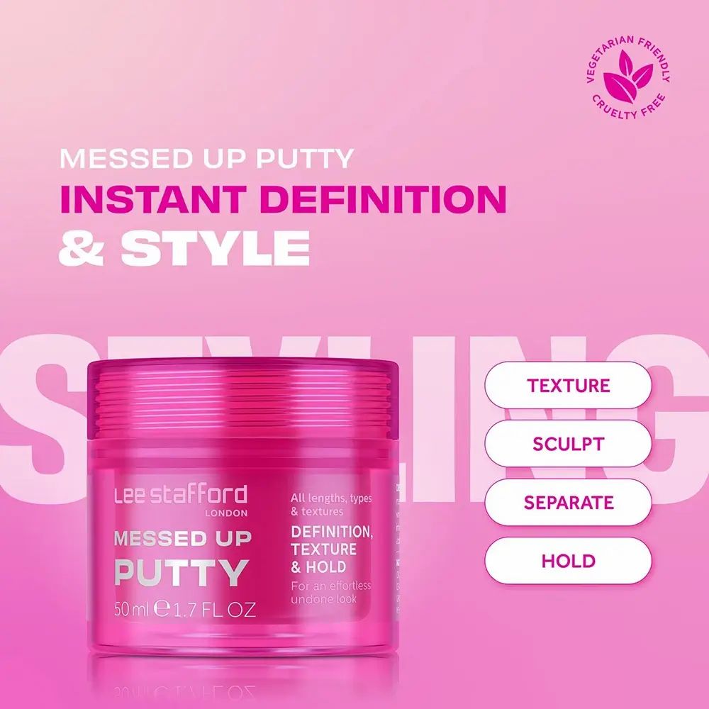 Rosa "Messed Up Putty" von Lee Stafford. Text und Volumenangaben. Vegan- und tierversuchsfrei-Siegel.