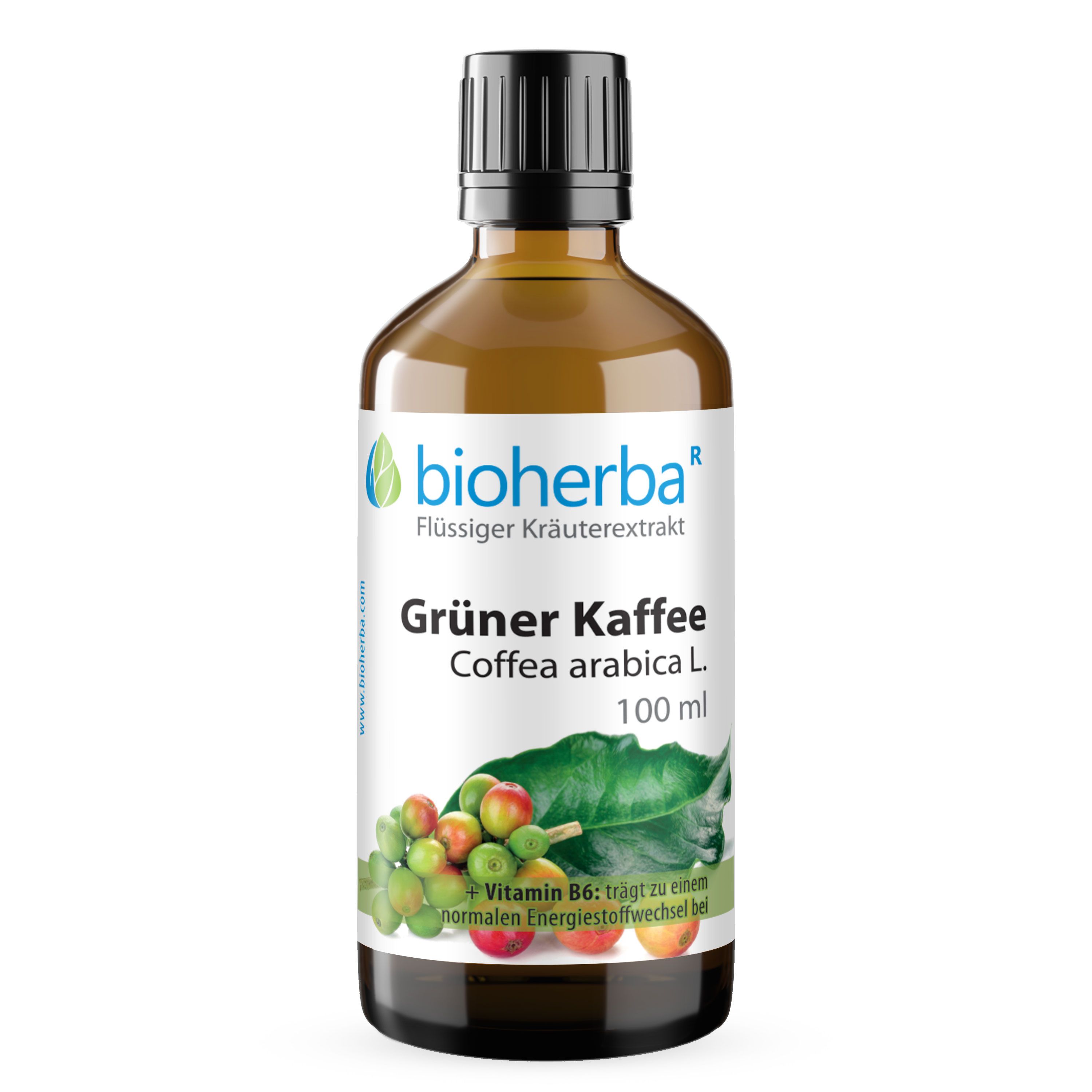Braune Glasflasche Bioherba Grüner Kaffee Coffea arabica L. Tropfen Tinktur. 100 ml. Produktansicht.