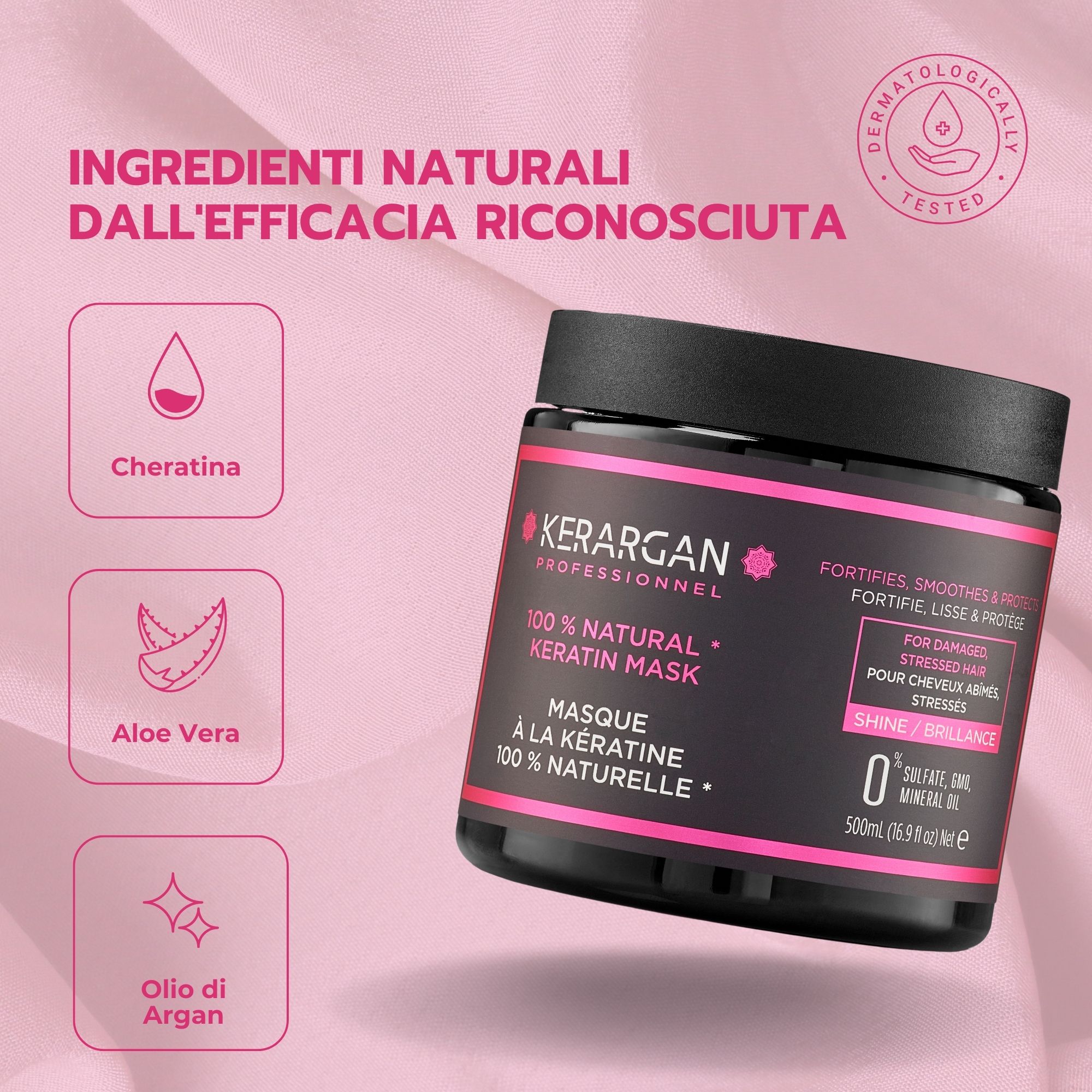 Barattolo di maschera, sfondo rosa. Scritta: Kerargan, 100% Natural Keratin Mask. Ingredienti.