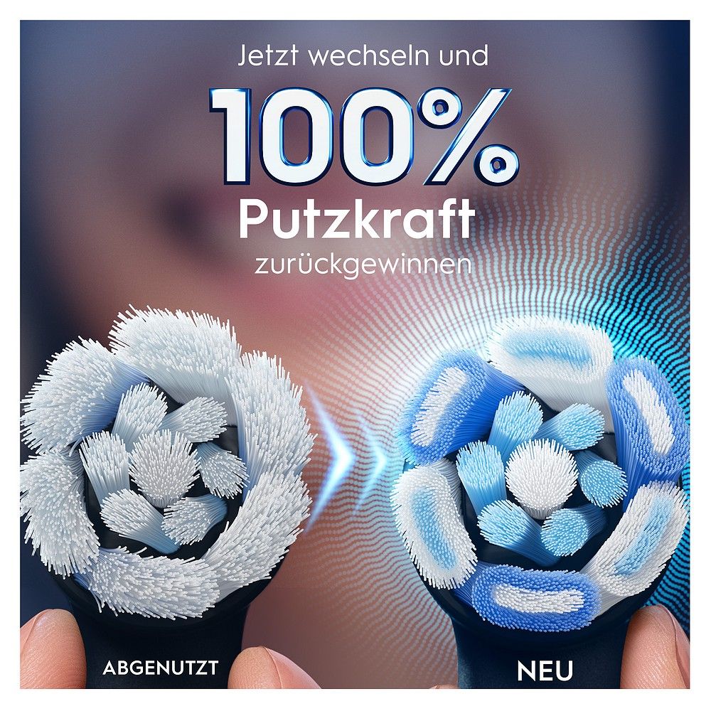 Vergleich von abgenutztem und neuem Oral-B iO Bürstenkopf.