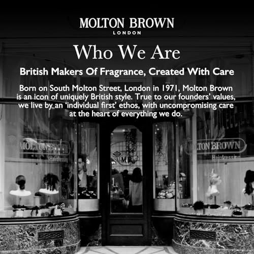 Schwarz-Weiß-Foto eines Geschäftsfensters. Text: Molton Brown London, Who We Are, British Makers Of Fragrance.