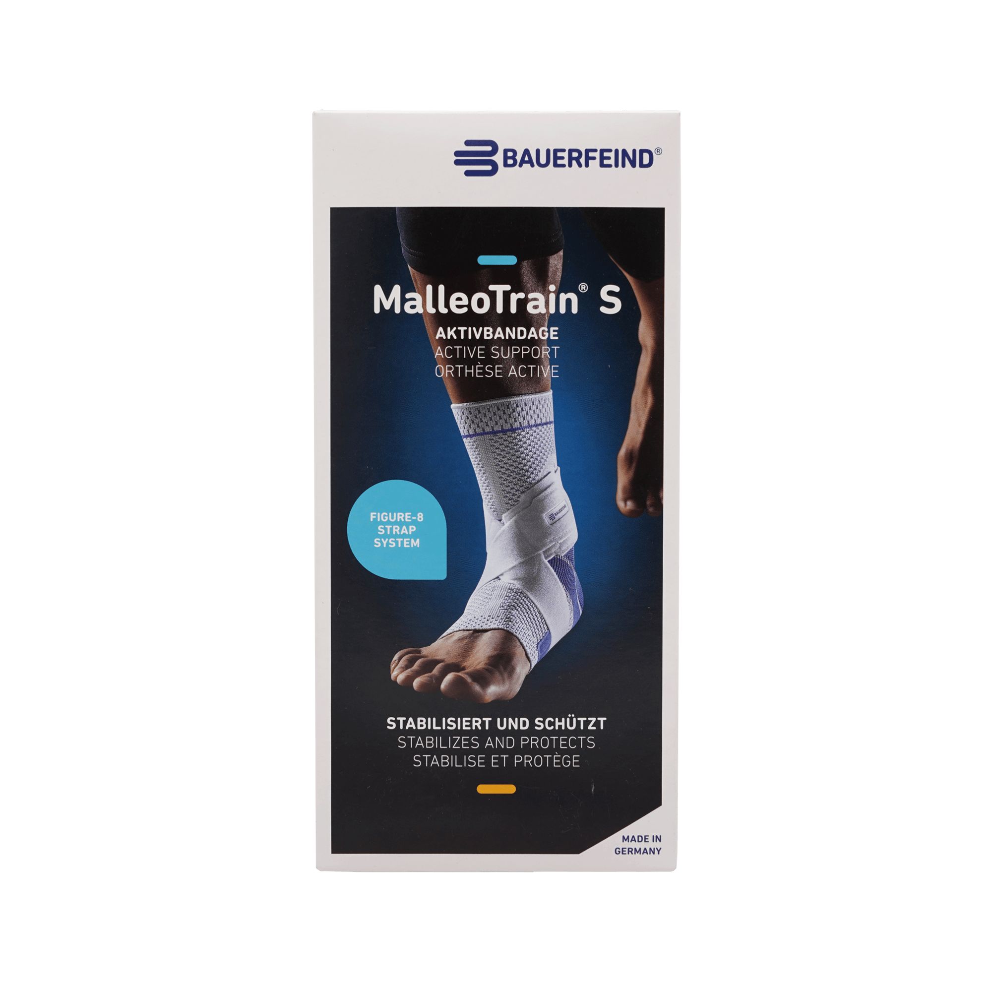 Verpackung der MalleoTrain S Aktivbandage. Marke Bauerfeind. Produktabbildung mit Fuß und Knöchelbandage. Text: Stabilisiert und schützt.