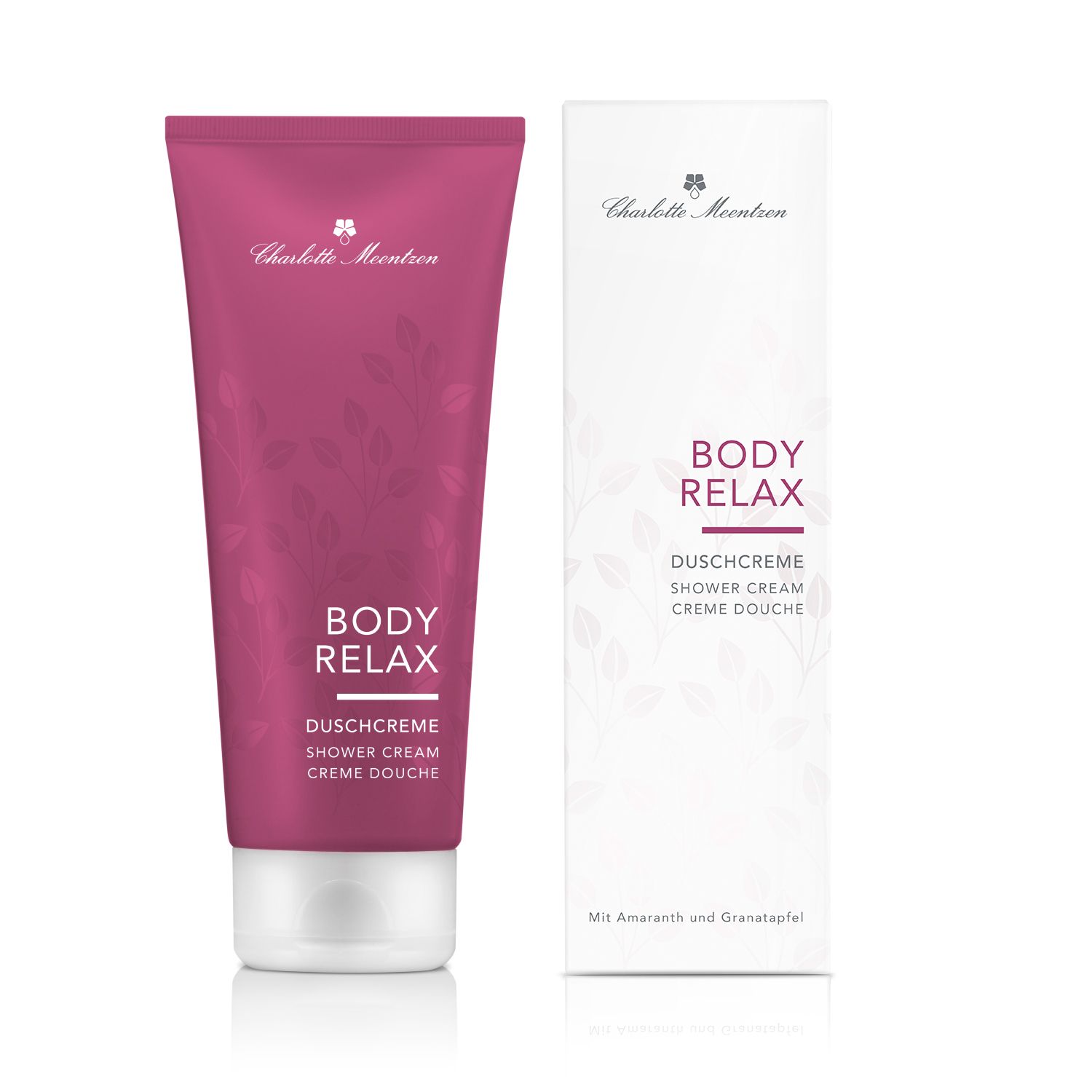 Charlotte Meentzen Body Relax Duschcreme in pinker Tube mit Blattmotiv und separater Verpackung.