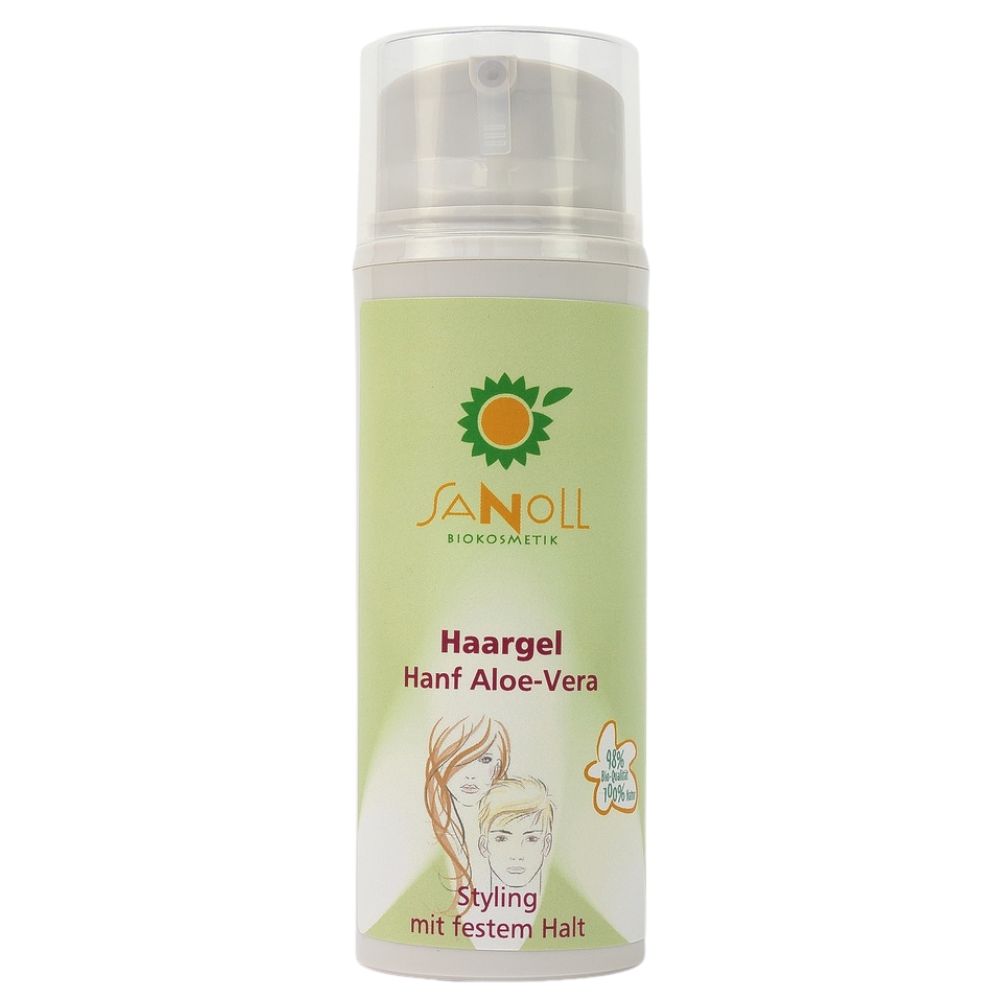 Haargel-Flasche mit Sprühkopf. Aufschrift: Sanoll Biokosmetik, Haargel Hanf Aloe-Vera. Abbildung von Personen. Styling mit festem Halt.