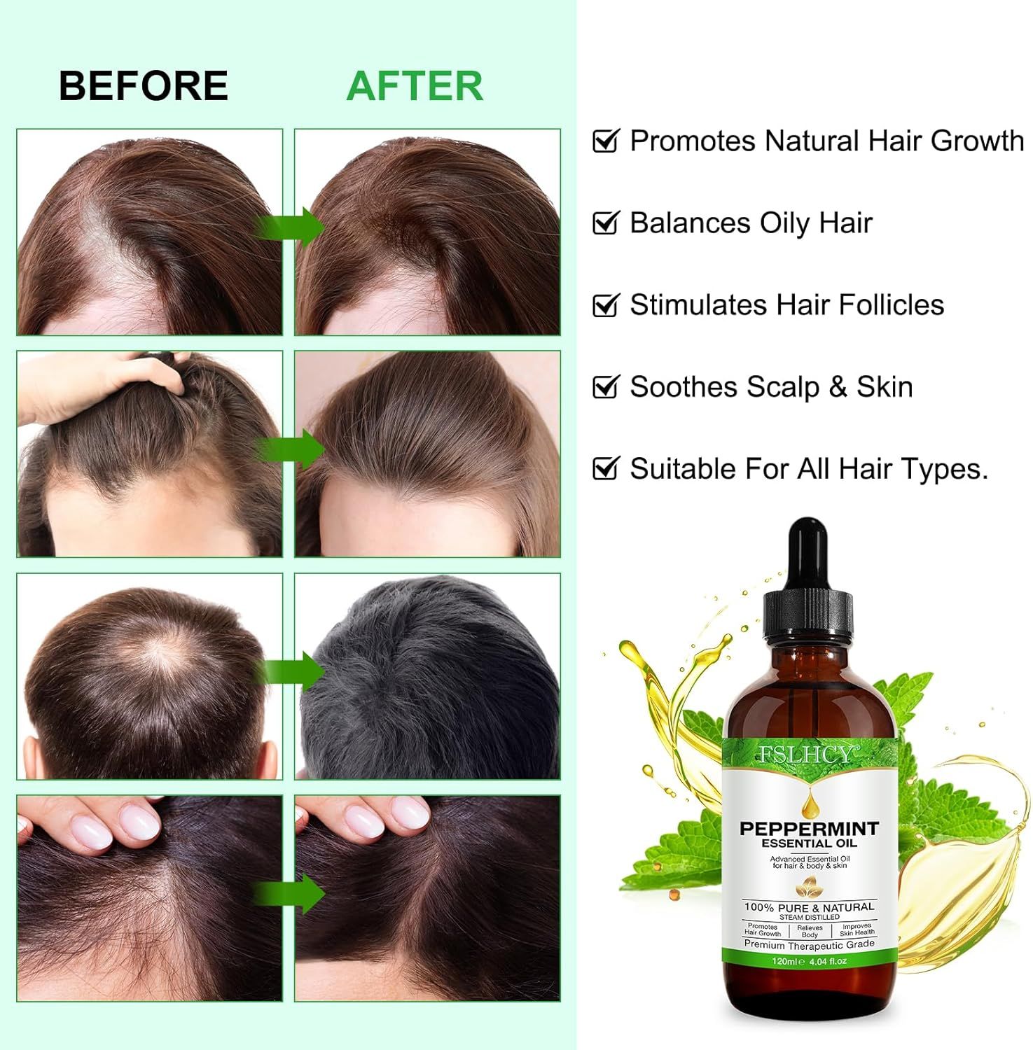 Vorher-Nachher-Bilder von Haaren. Flasche mit Etikett, 'Pfefferminzöl'. Text: Fördert natürliches Haarwachstum, gleicht fettiges Haar aus.