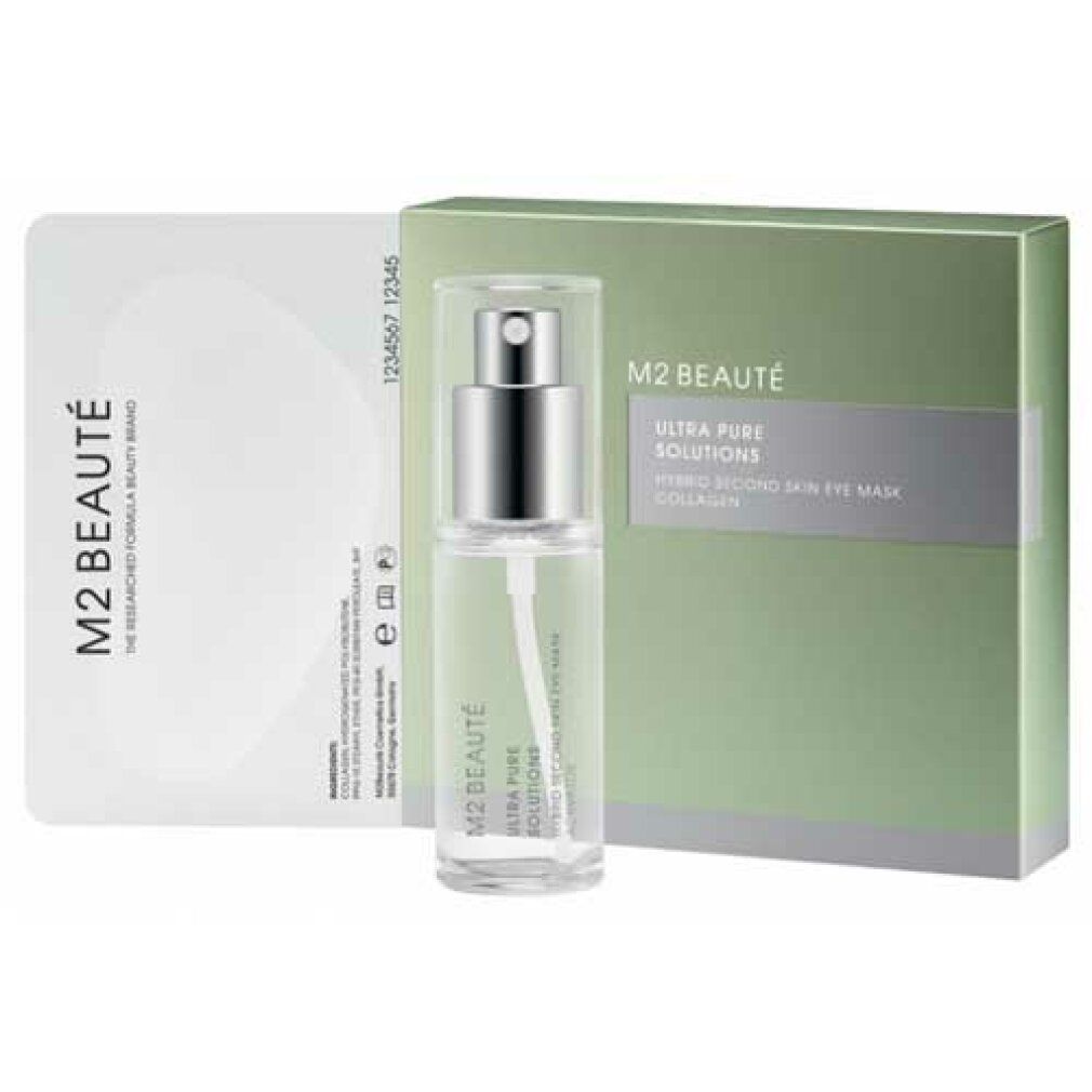 Produktverpackung mit Sprühflasche und Augenmaske. Aufschrift: M2 Beaute, Ultra Pure Solutions, Hybrid Second Skin Eye Mask Collagen.