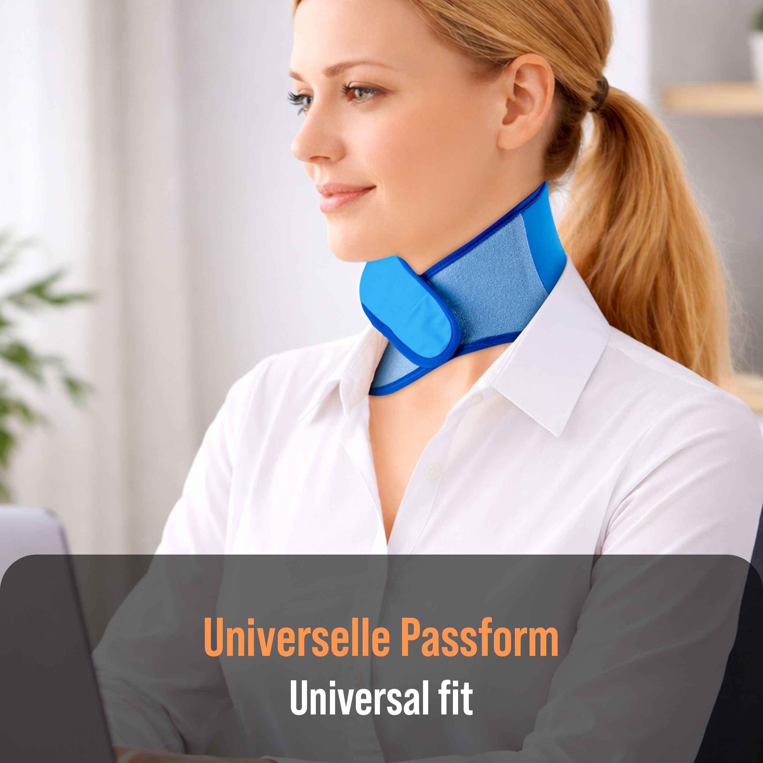 Blaues Nackenkissen am Hals einer Frau, die an einem Laptop arbeitet. Text: Universelle Passform.