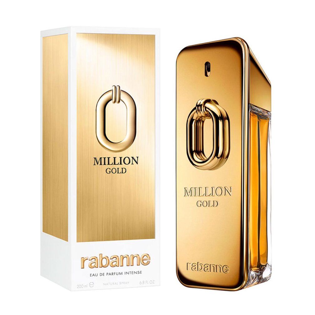 Goldfarbener Flakon und Verpackung. Aufschrift: MILLION GOLD, Rabanne. Eau de Parfum Intense. 200 ml.