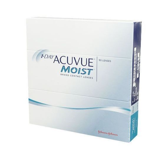 Weiße Schachtel mit Aufschrift "1-DAY ACUVUE MOIST". Enthält 90 Kontaktlinsen. Logo von Johnson & Johnson.