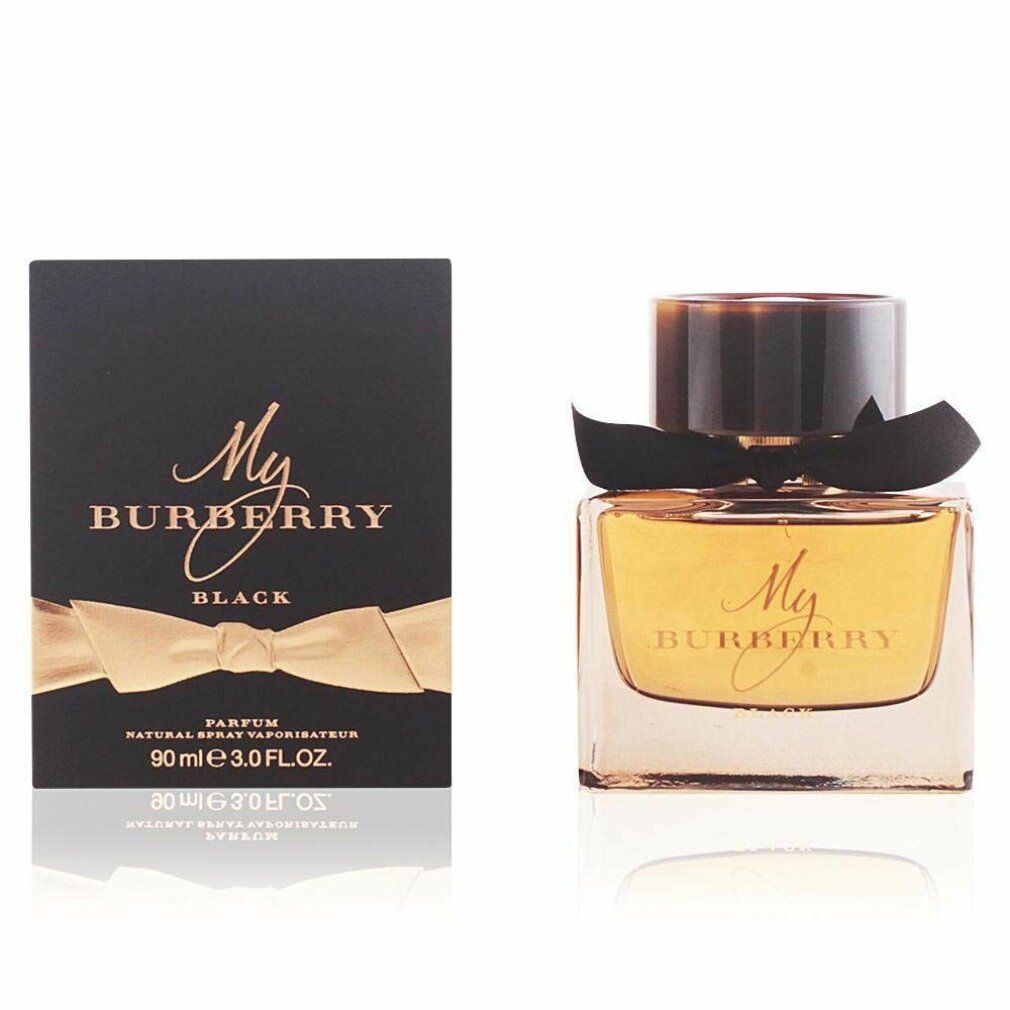 Flakon und Schachtel. Flakon mit goldfarbener Flüssigkeit, schwarzer Schleife. Schachtel mit Schriftzug 'My BURBERRY BLACK'.