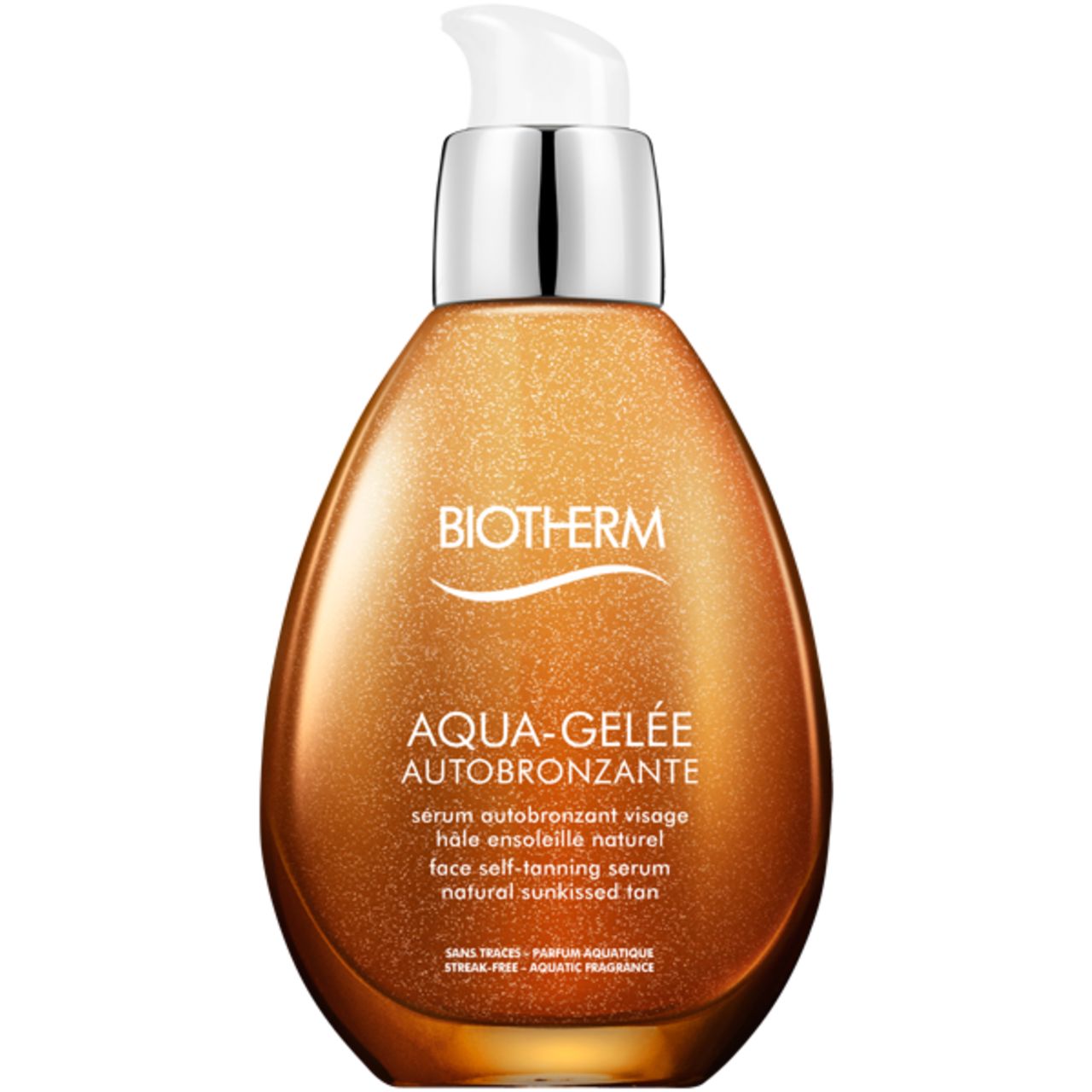 BIOTHERM Aqua-Gelée Selbstbräuner. Goldfarbene Flasche mit Pumpe. Produktname und Schriftzug sichtbar.