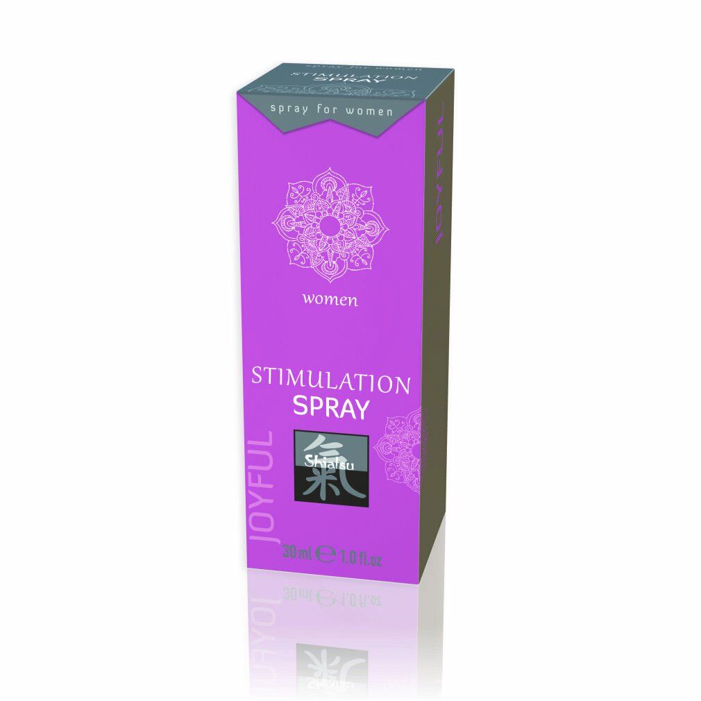 Lila Verpackung mit "Stimulation Spray" Schriftzug. Logo und Text "JOYFUL". Unten steht "30 ml".