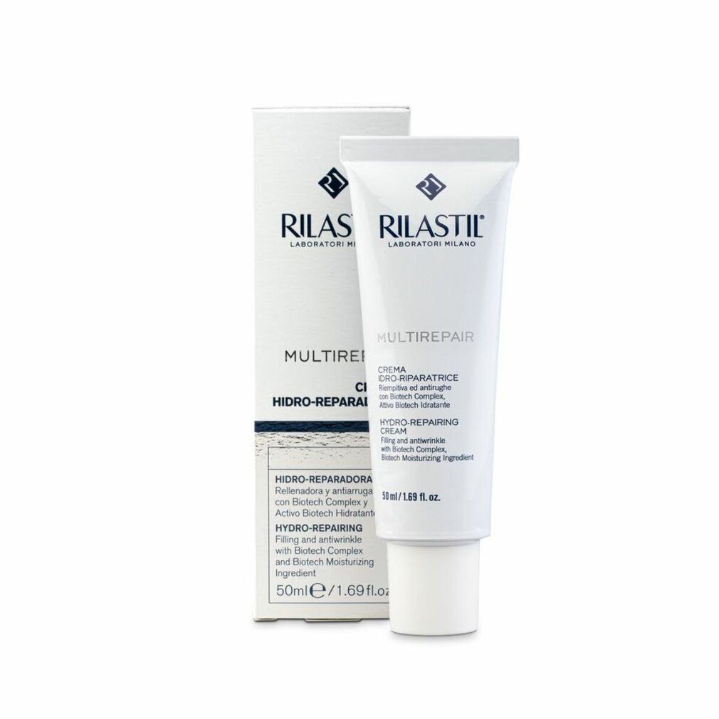Weiße Tube RILASTIL® MULTIREPAIR. Creme gegen Falten. 40 ml.