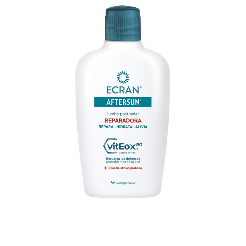 Weiße Flasche mit blauem Deckel. Aufschrift: ECRAN AFTERSUN, Reparierende After Sun Milch. Enthält 'vitEox 80'.