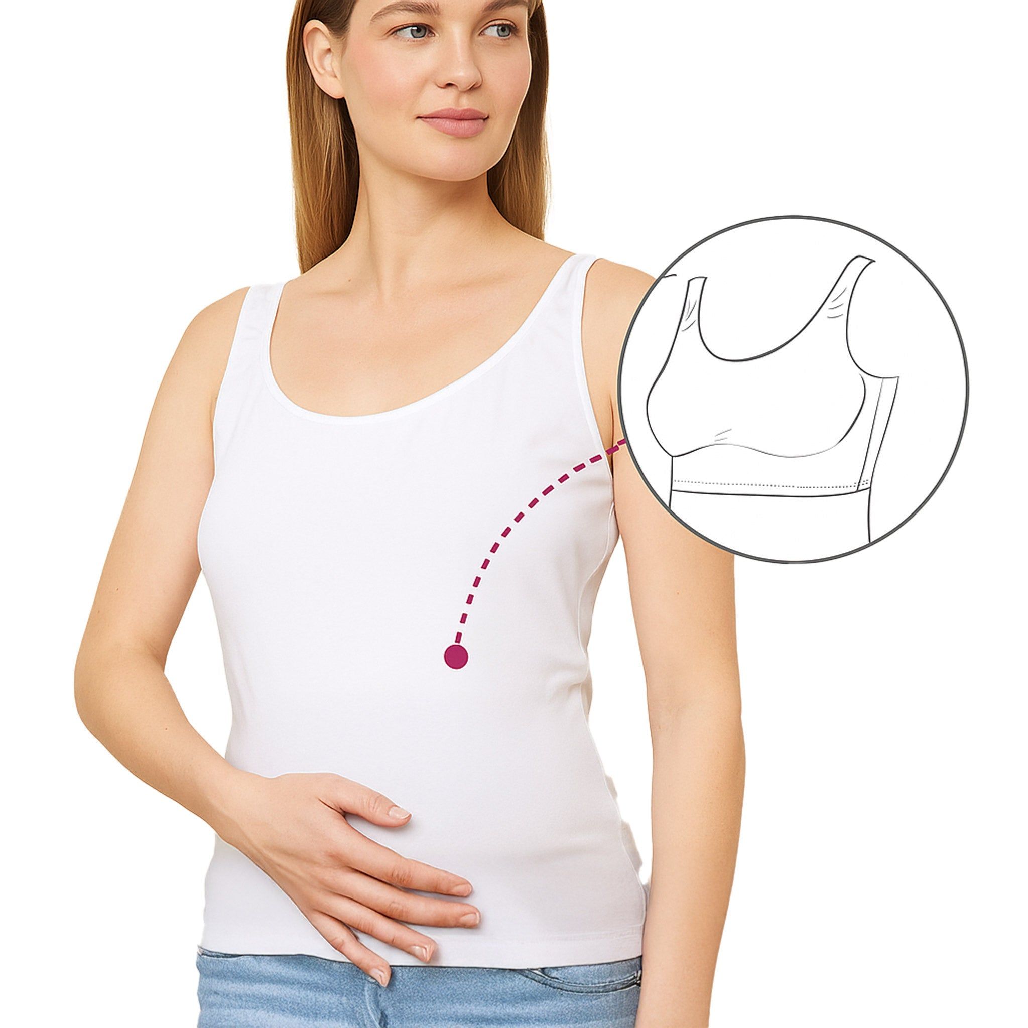 Weißes Umstands-Top mit integrierter Bruststütze. Frau hält Bauch. Detailzeichnung der Bruststütze.