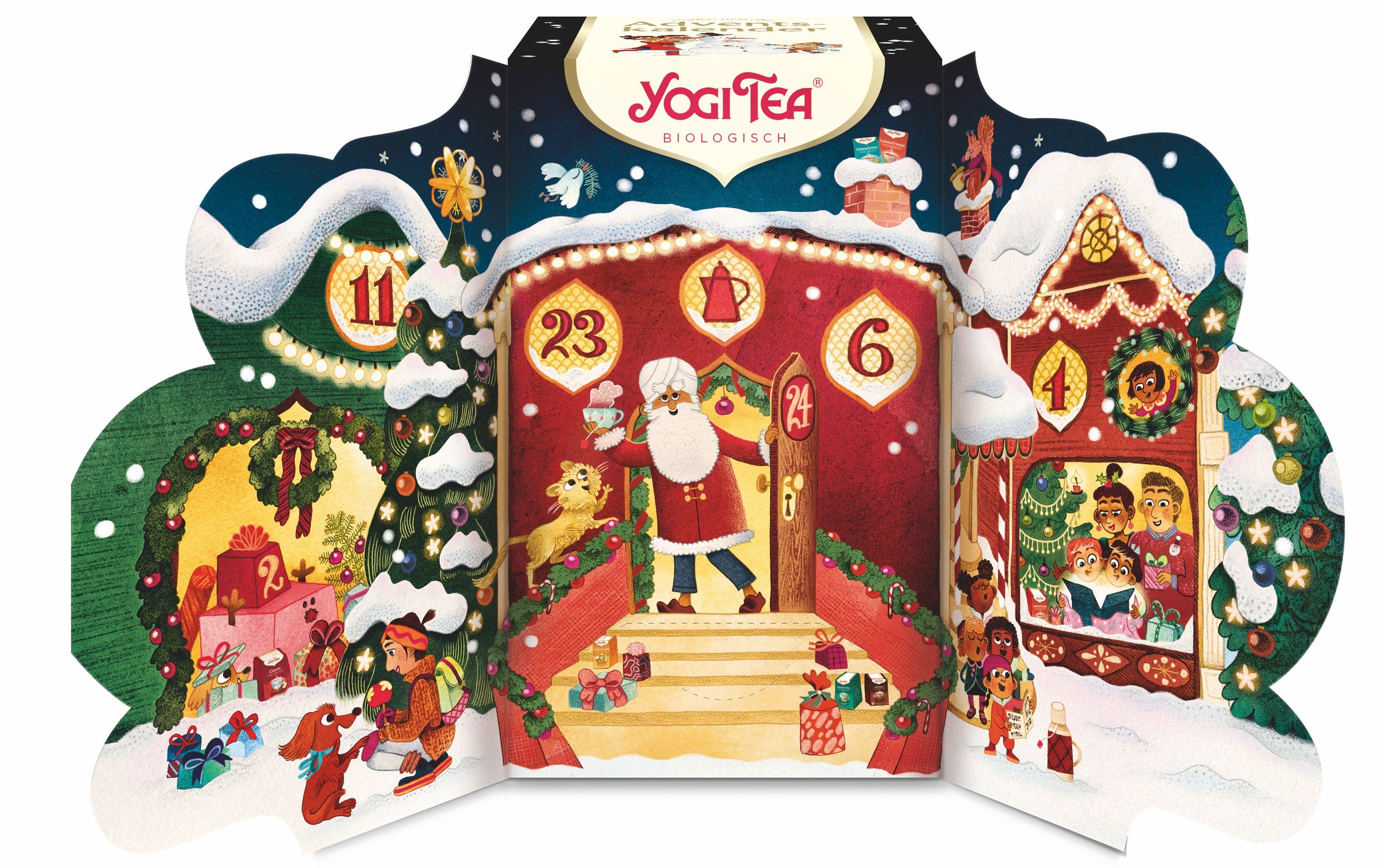 Adventskalender, geöffnet, mit Türchen und weihnachtlicher Szene. Yogi Tea Logo oben. Zahlen 1-24 auf den Türchen.