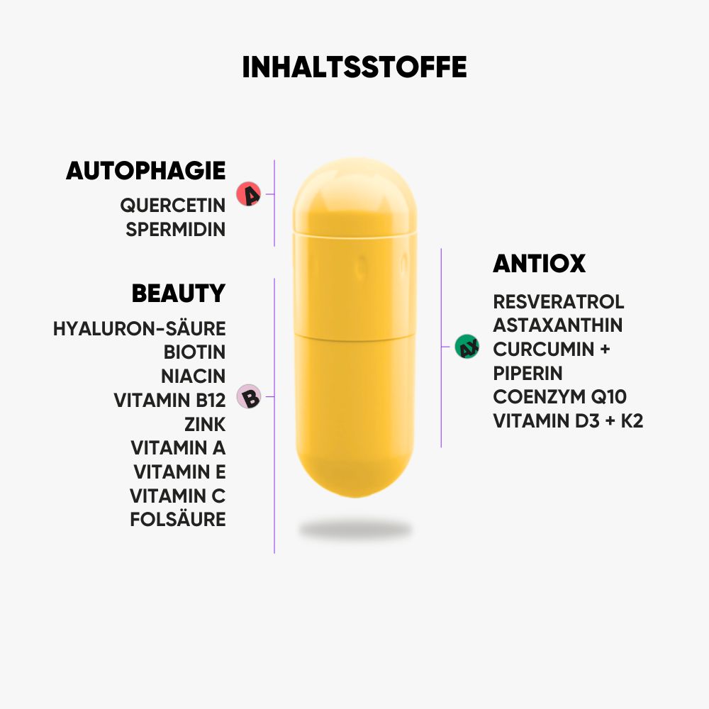 Gelbe Kapsel, geteilt. Beschriftungen: Autophagie, Beauty, Antioxidantien. Inhaltsstoffe: Quercetin, Hyaluronsäure, Resveratrol, etc.